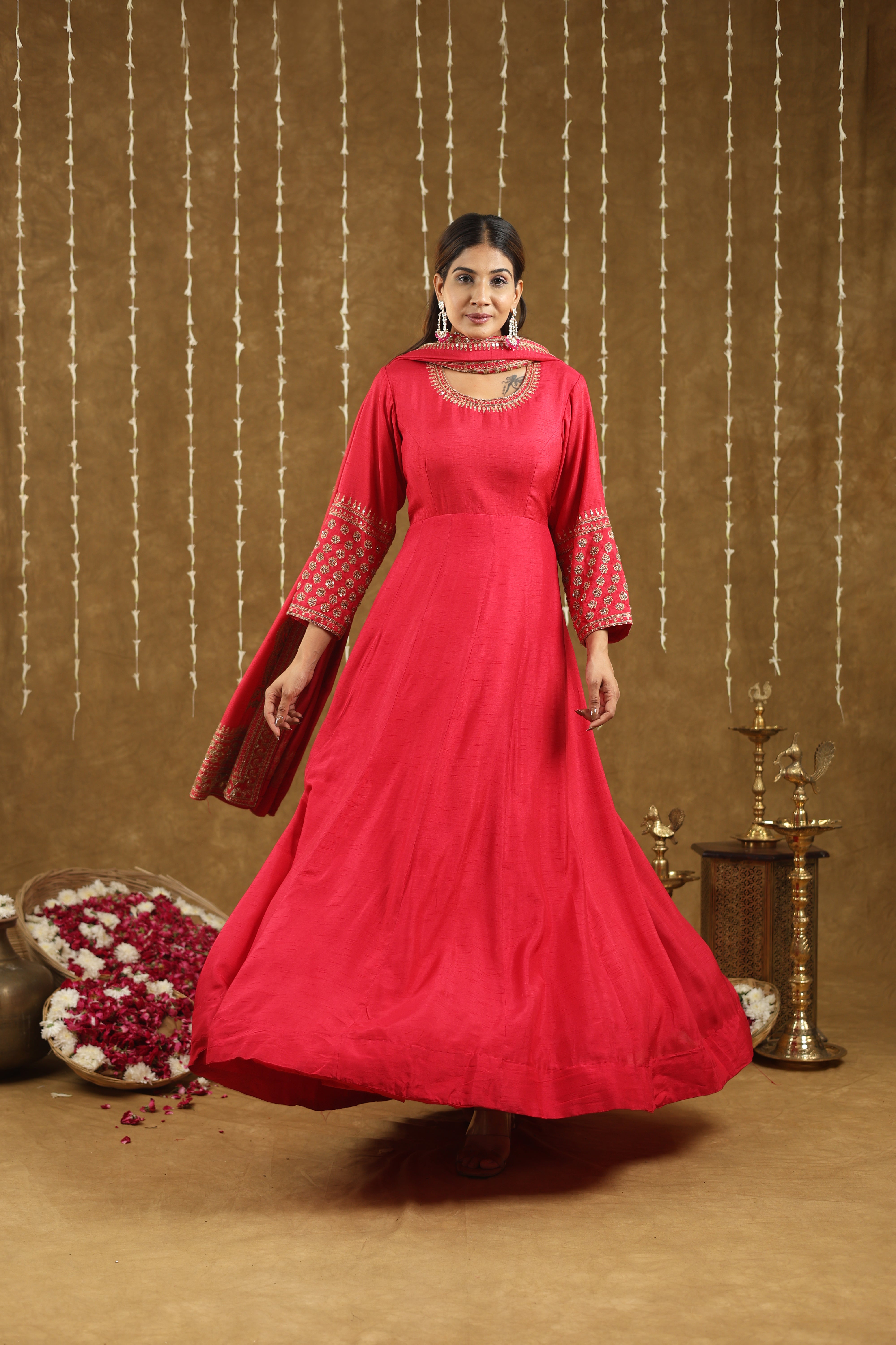 Mahira Red Anarkali Suit Set With Hand Embroidered Work