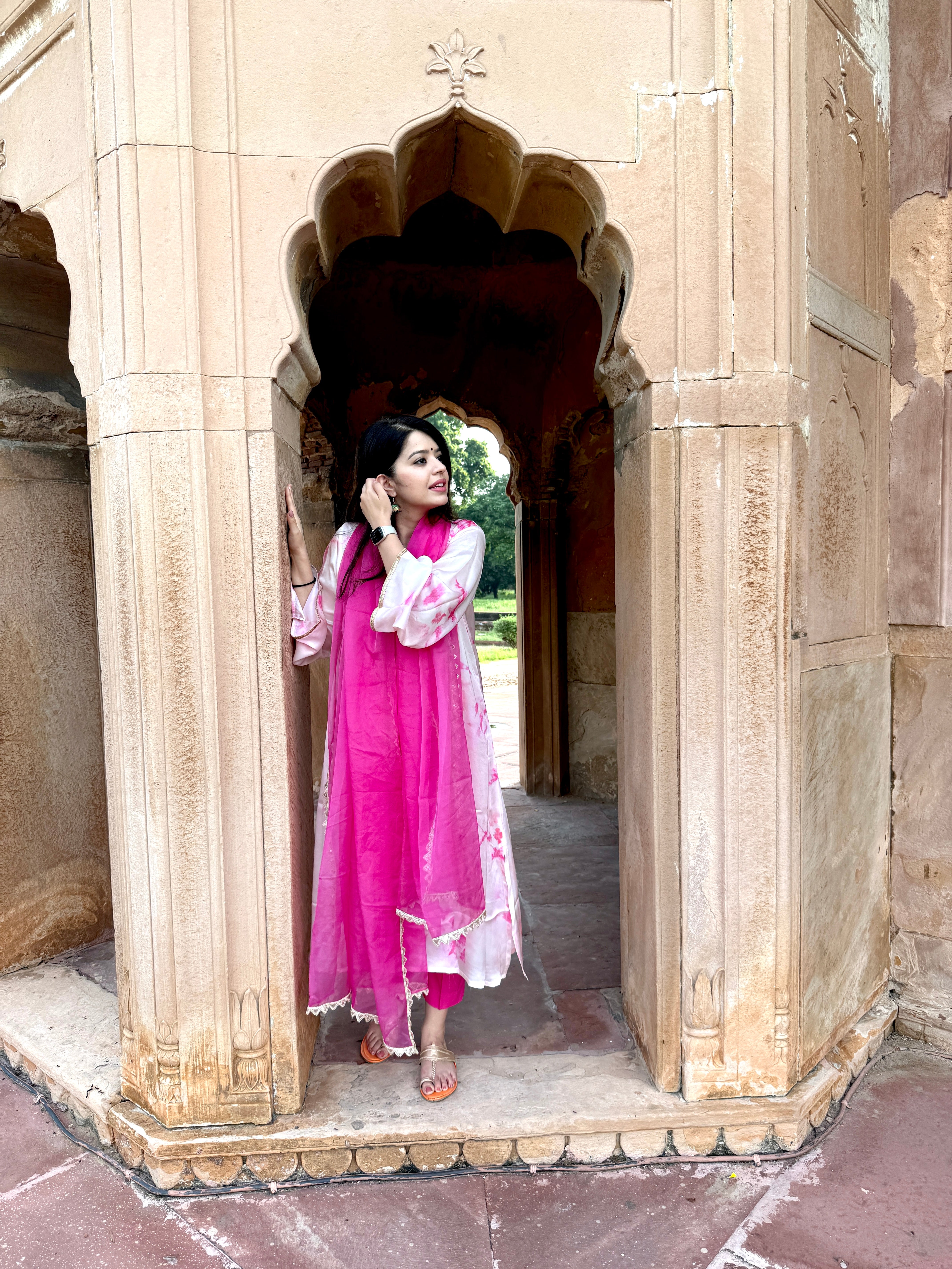 Meher Pink Satin Suit Set with Organza Dupatta