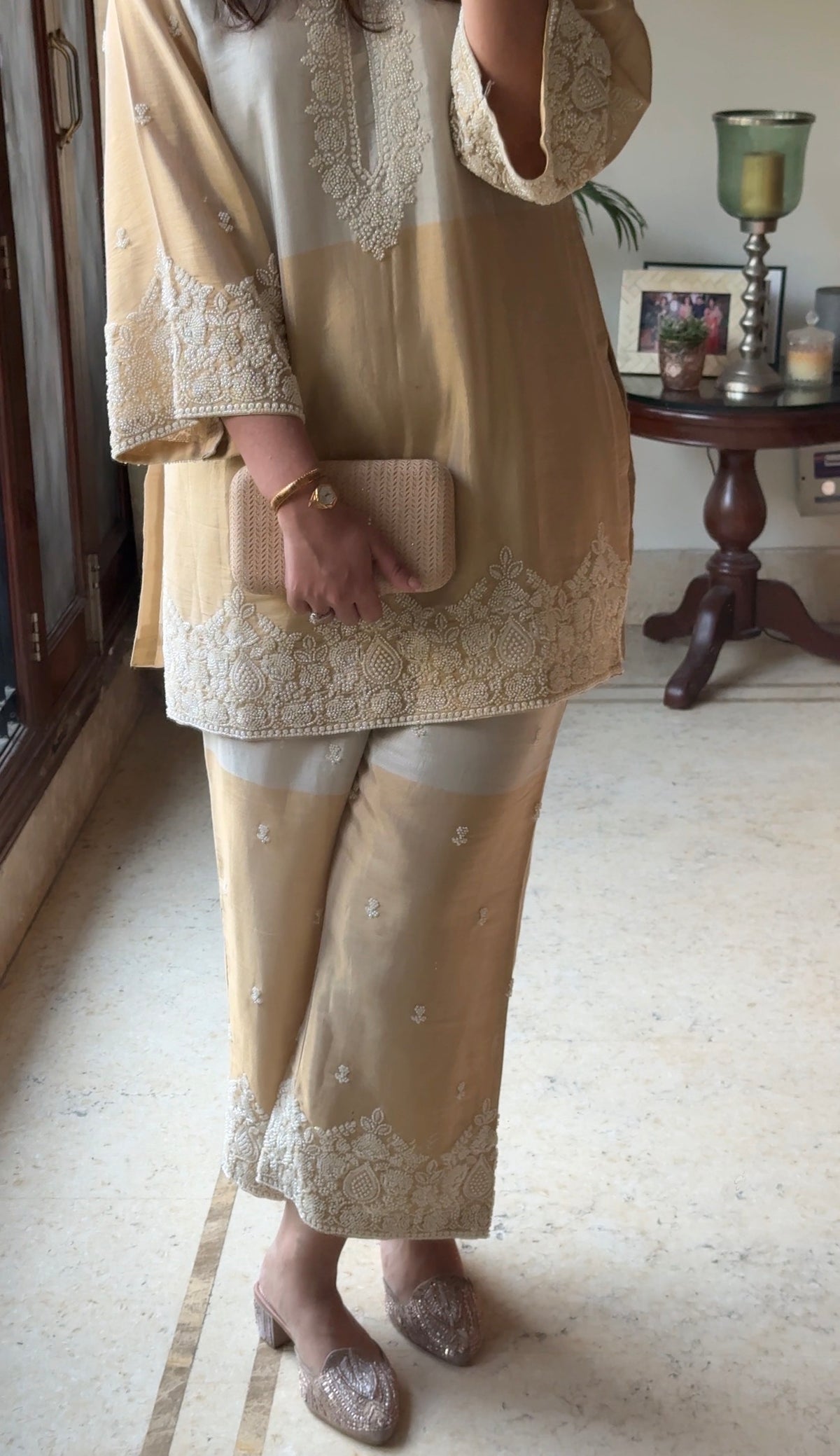 Zoya Champagne Gold Embroidered Coord Set