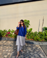 Mehr Royal Blue & Grey Cotton Silk Kurta  Set