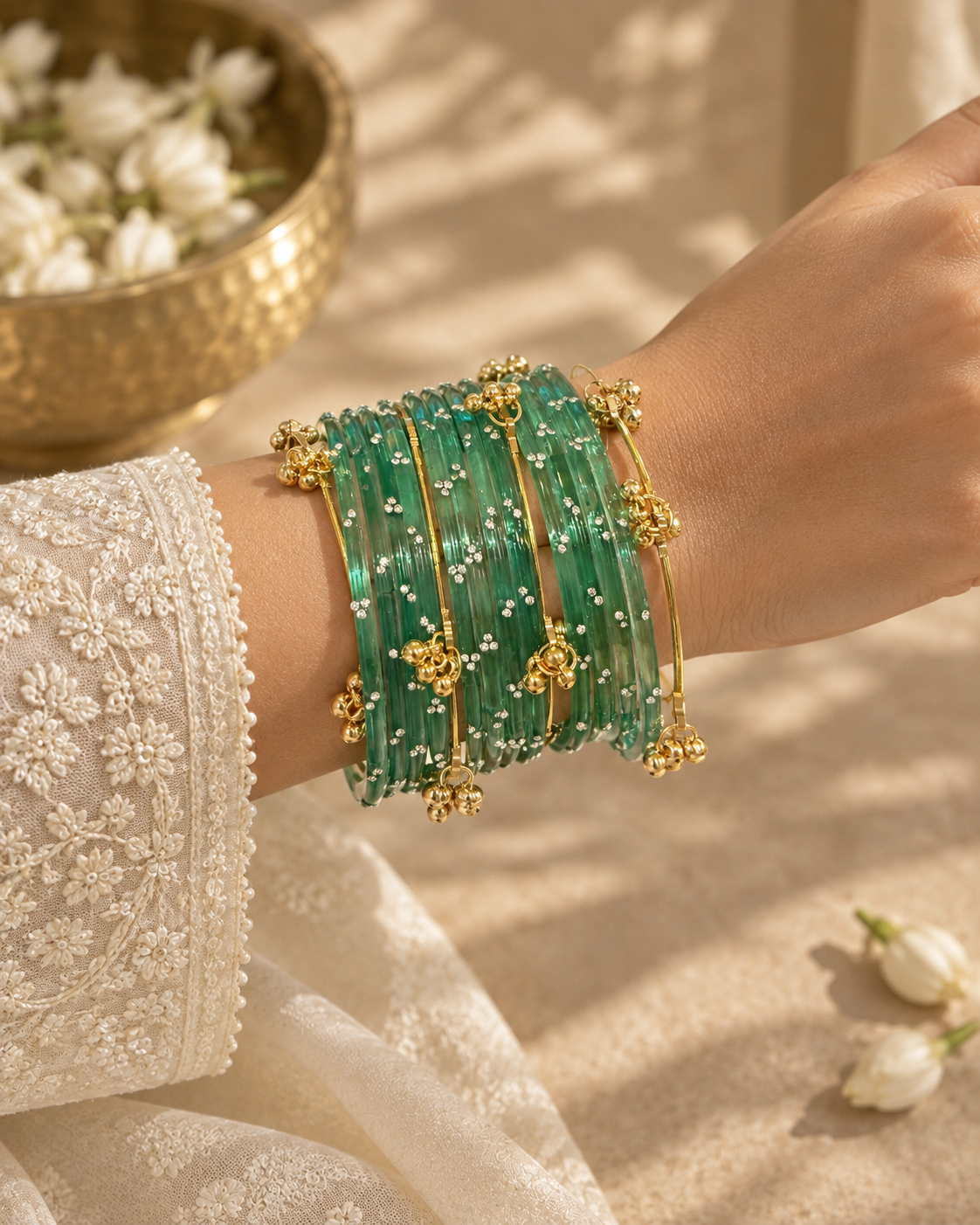 Noori Green Kashmiri Bangle Set (12 Coloured & 4 Gold Bangles)