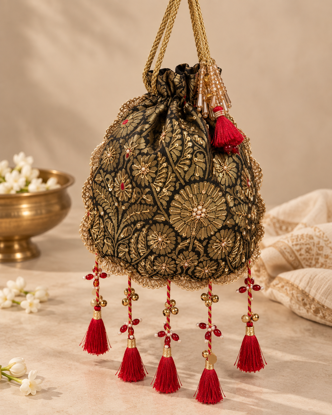 Zareen Black Hand Embroidered Potli