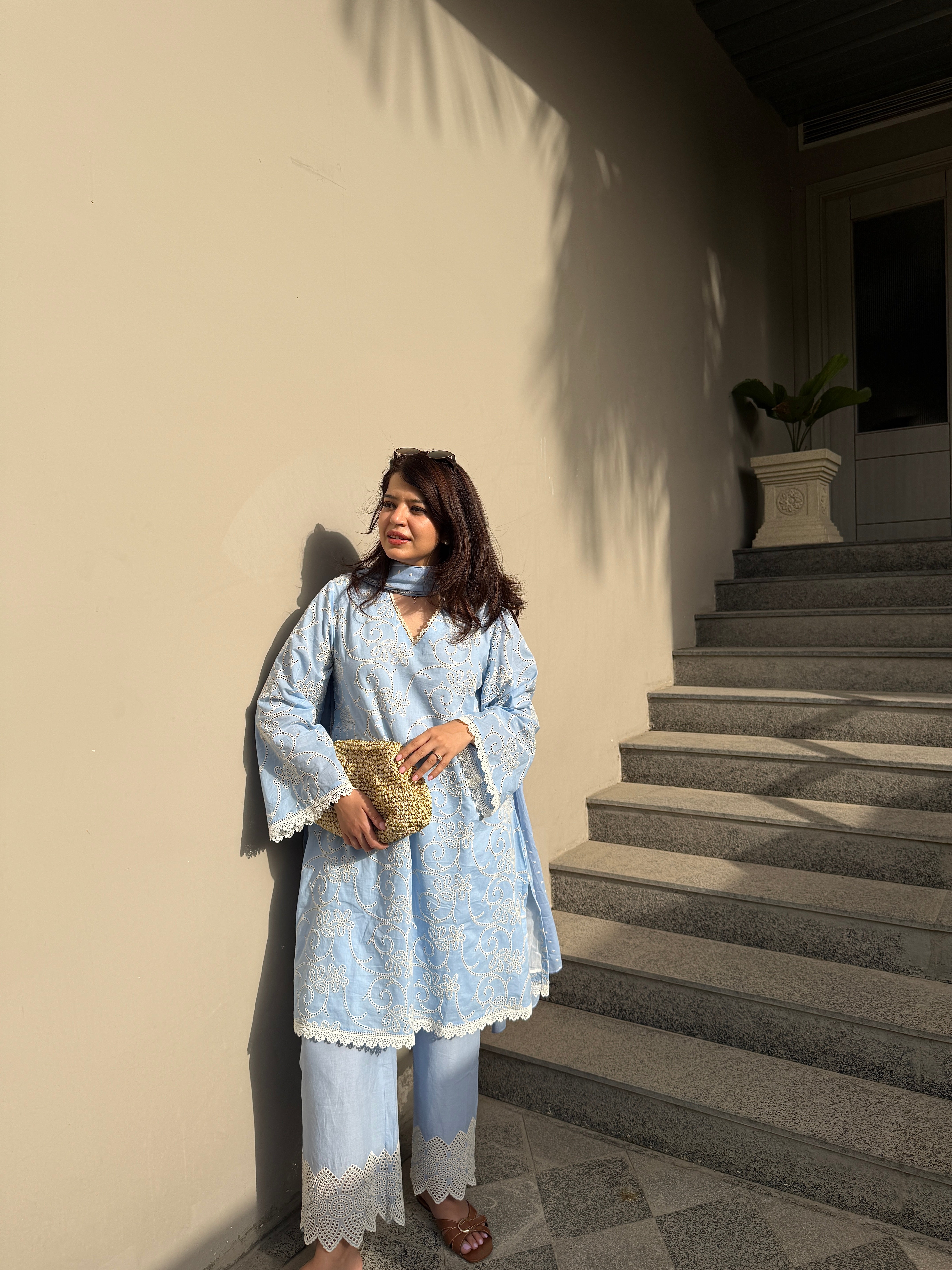 Fiza Blue Cotton Suit Set with dupatta