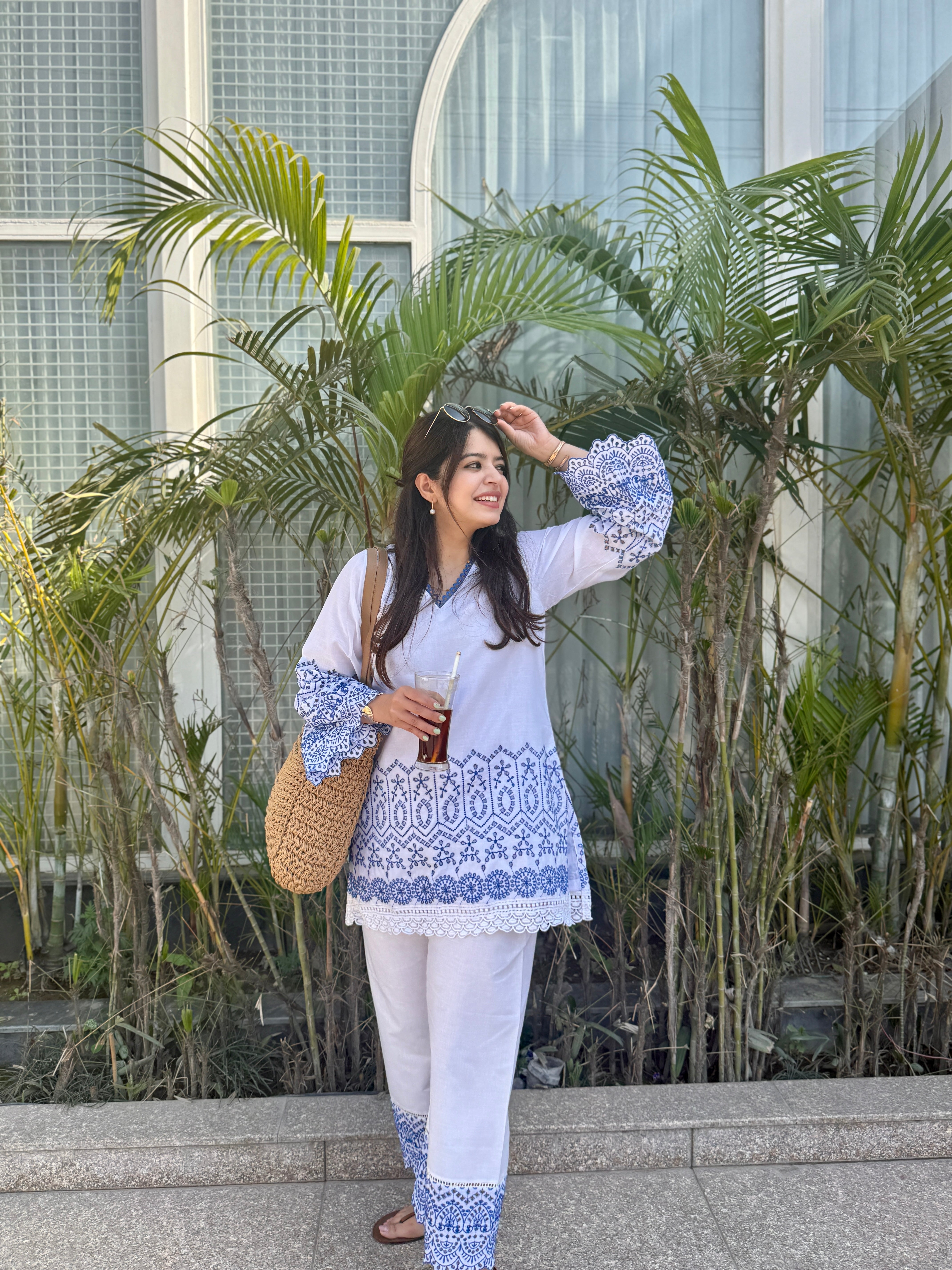Gulnaar Blue And White Cotton Co-ord Set