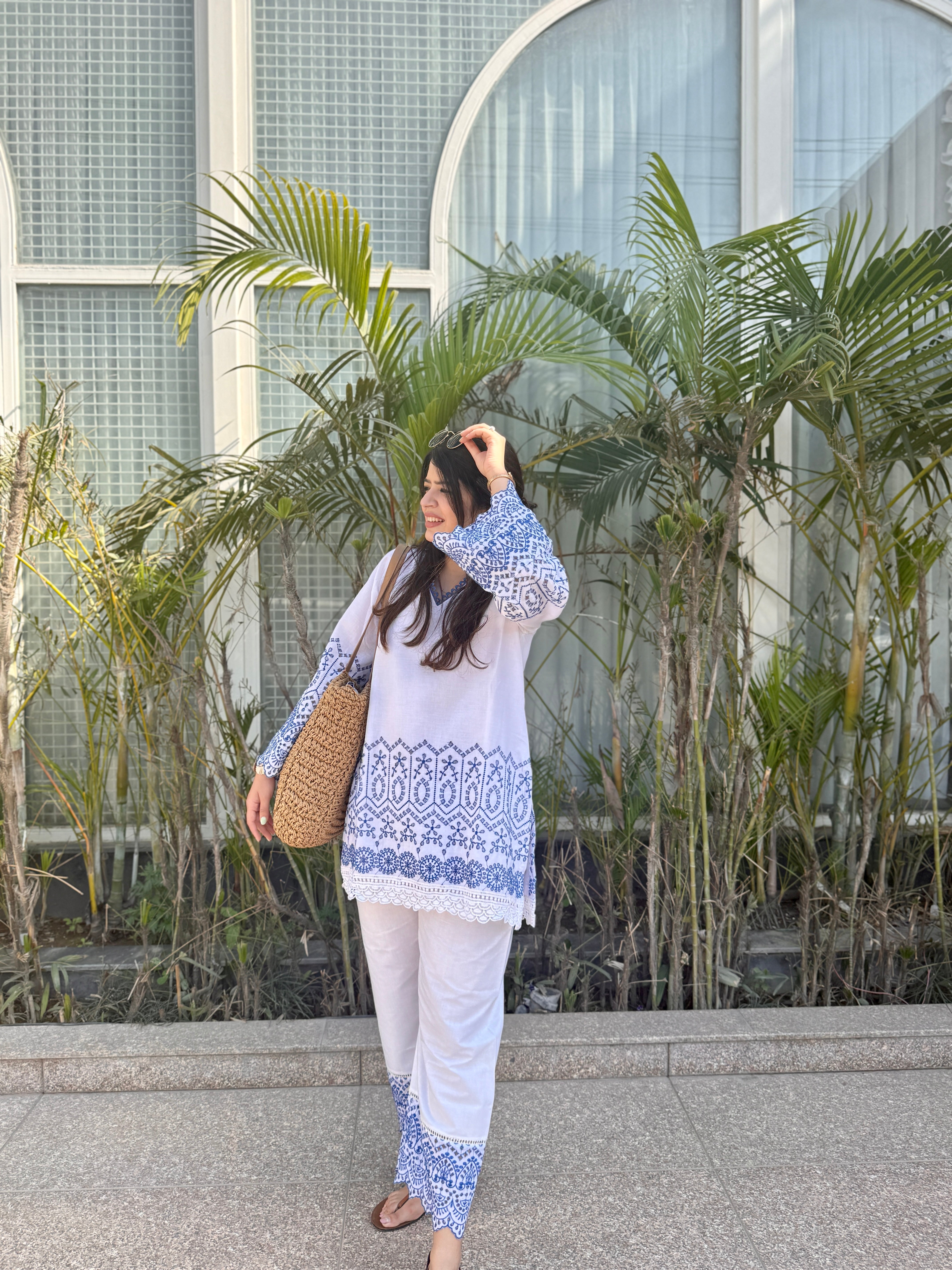 Gulnaar Blue And White Cotton Co-ord Set