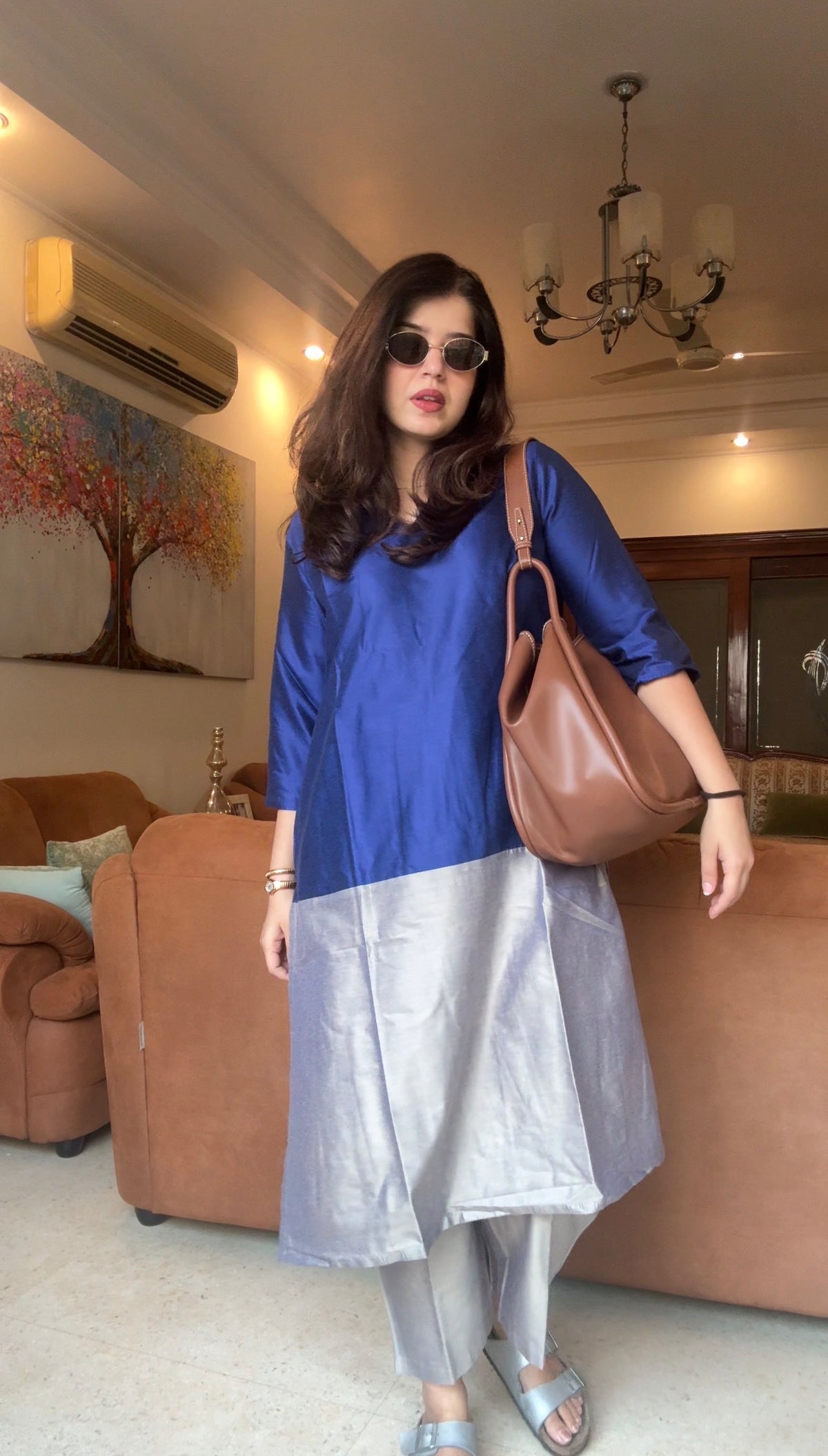 Mehr Royal Blue & Grey Cotton Silk Kurta  Set