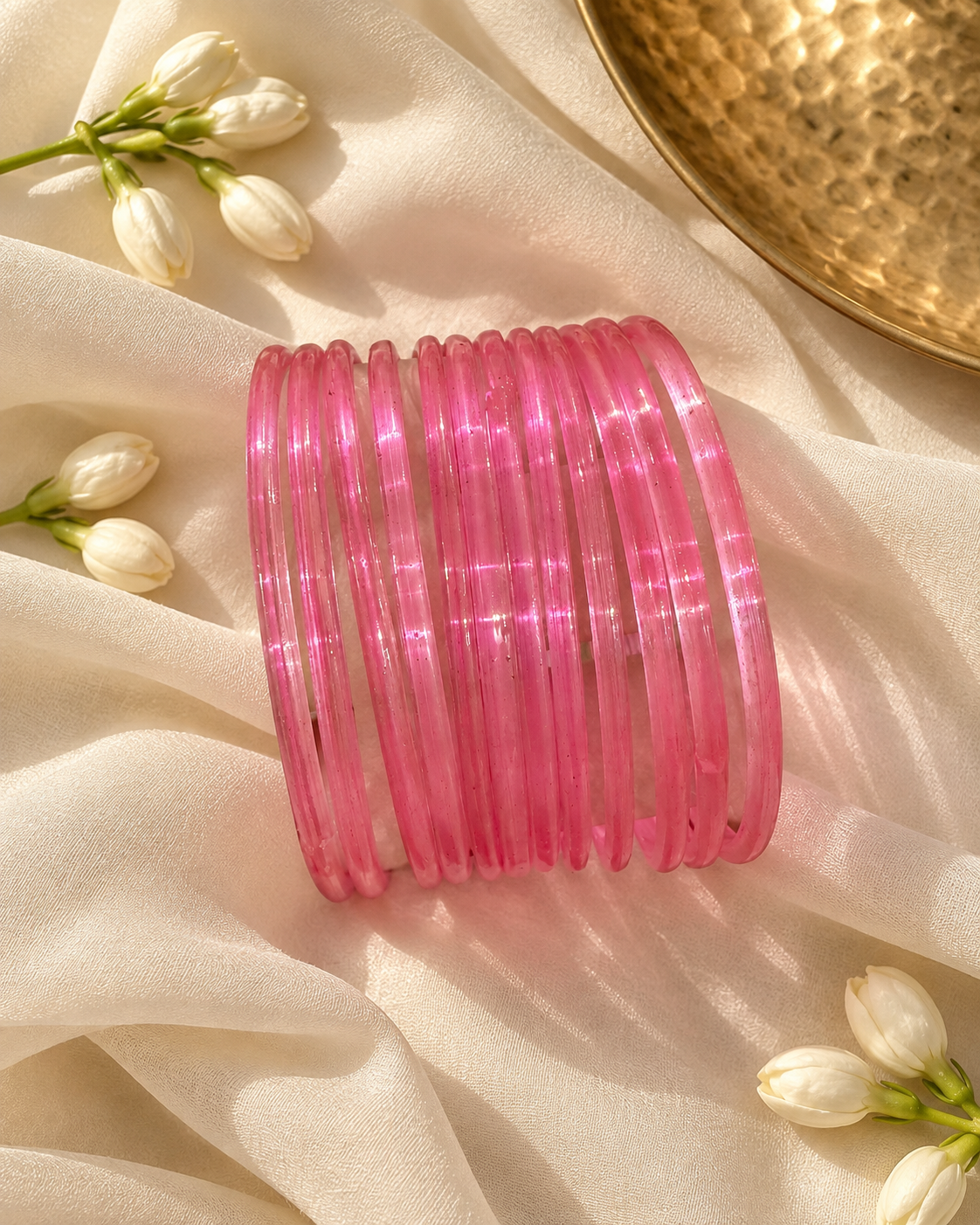 Noori Pink Glass Bangle Set - (12 Bangles)