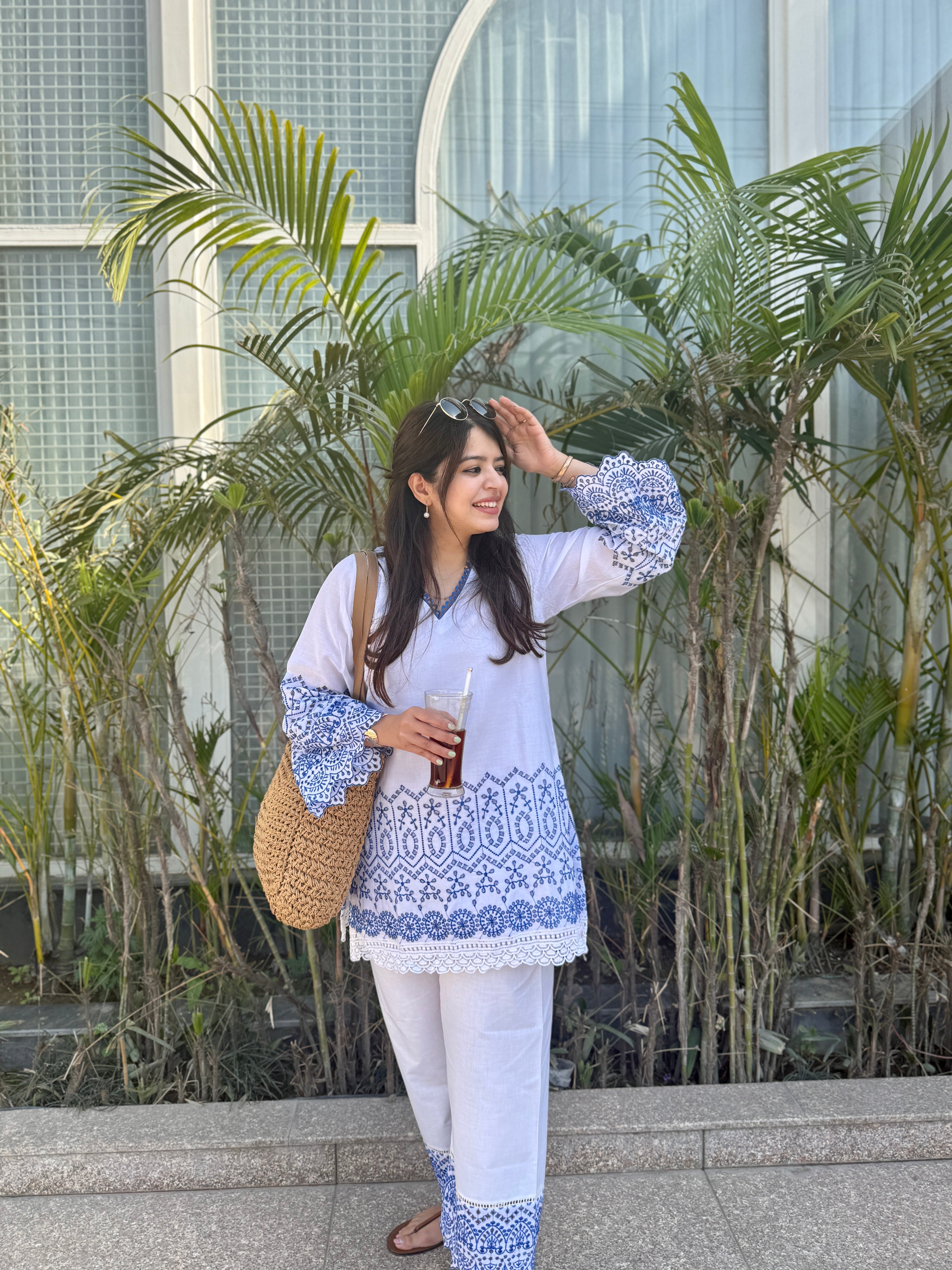 Gulnaar Blue And White Cotton Co-ord Set