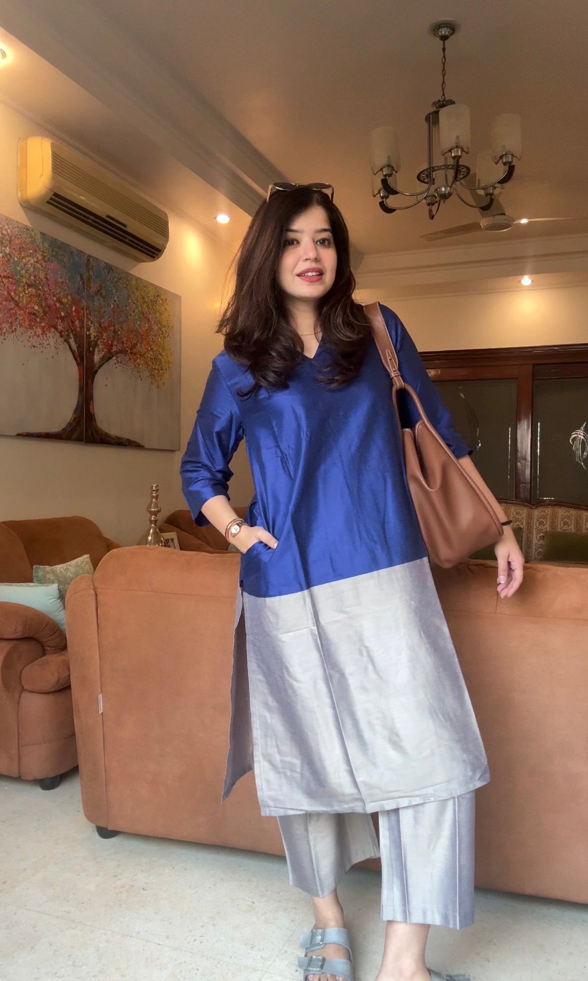 Mehr Royal Blue & Grey Cotton Silk Kurta  Set