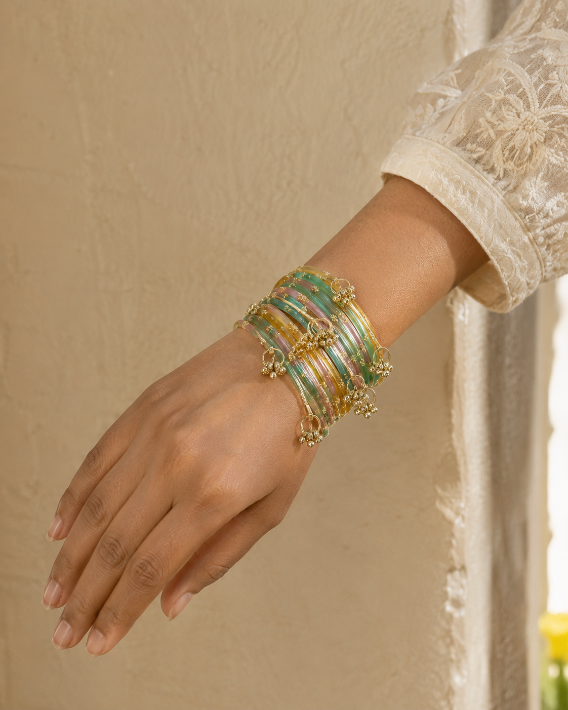 Noori Multicolor Kashmiri Bangle Set (12 Coloured & 4 Gold Bangles)