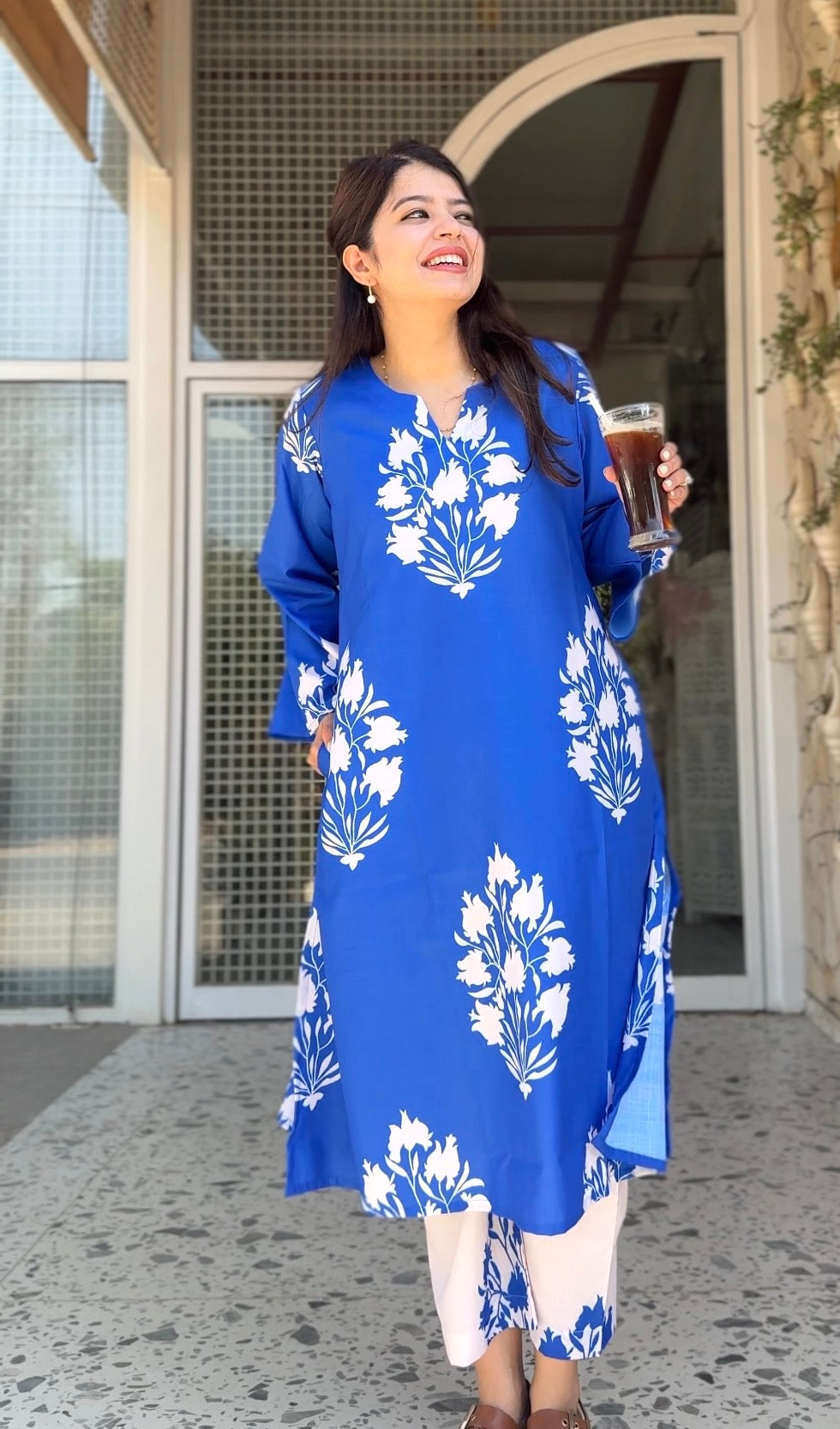 Hania Blue Floral Cotton Kurta Set