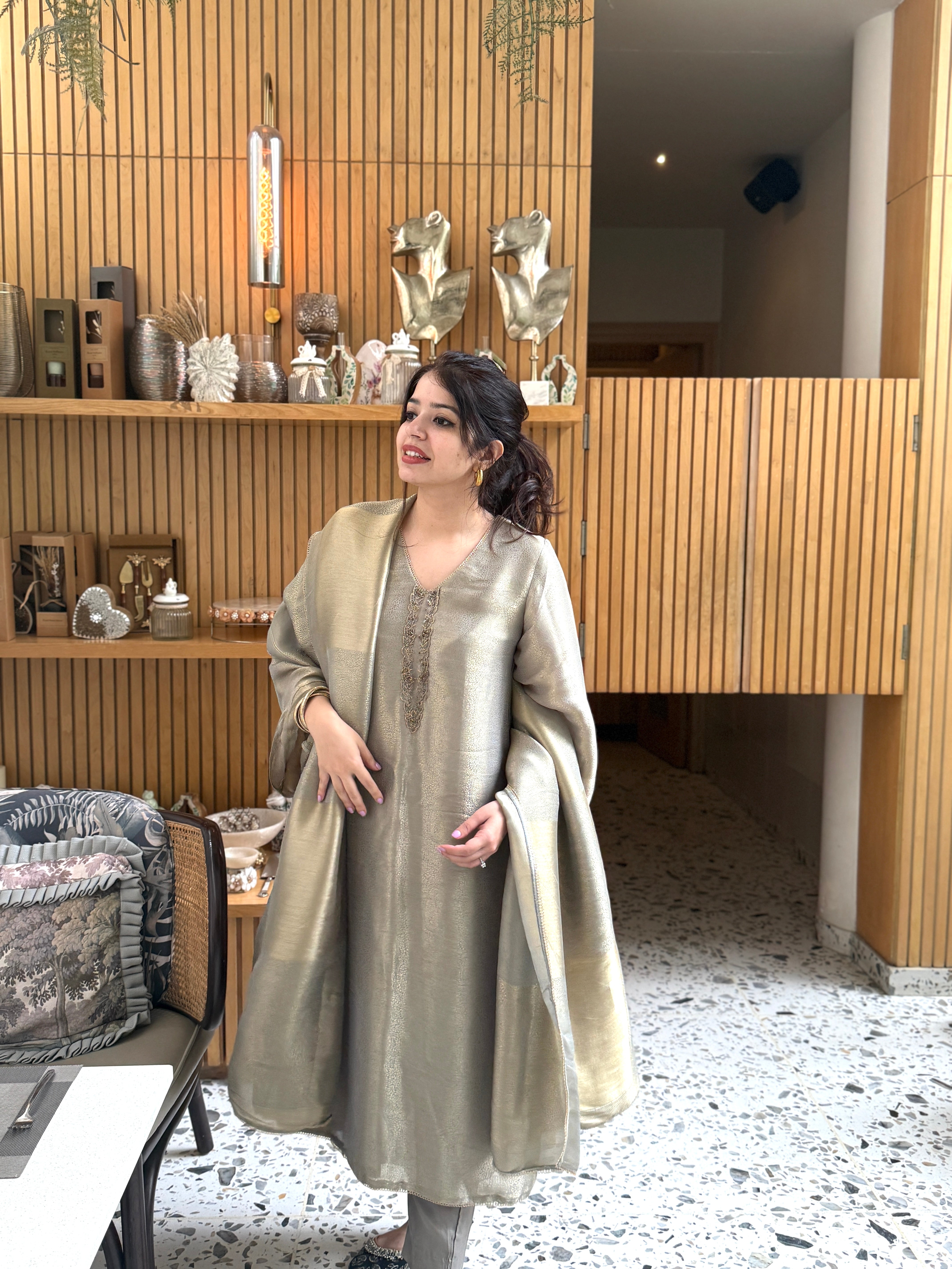 Nargis Grey Tissue Silk Suit Set