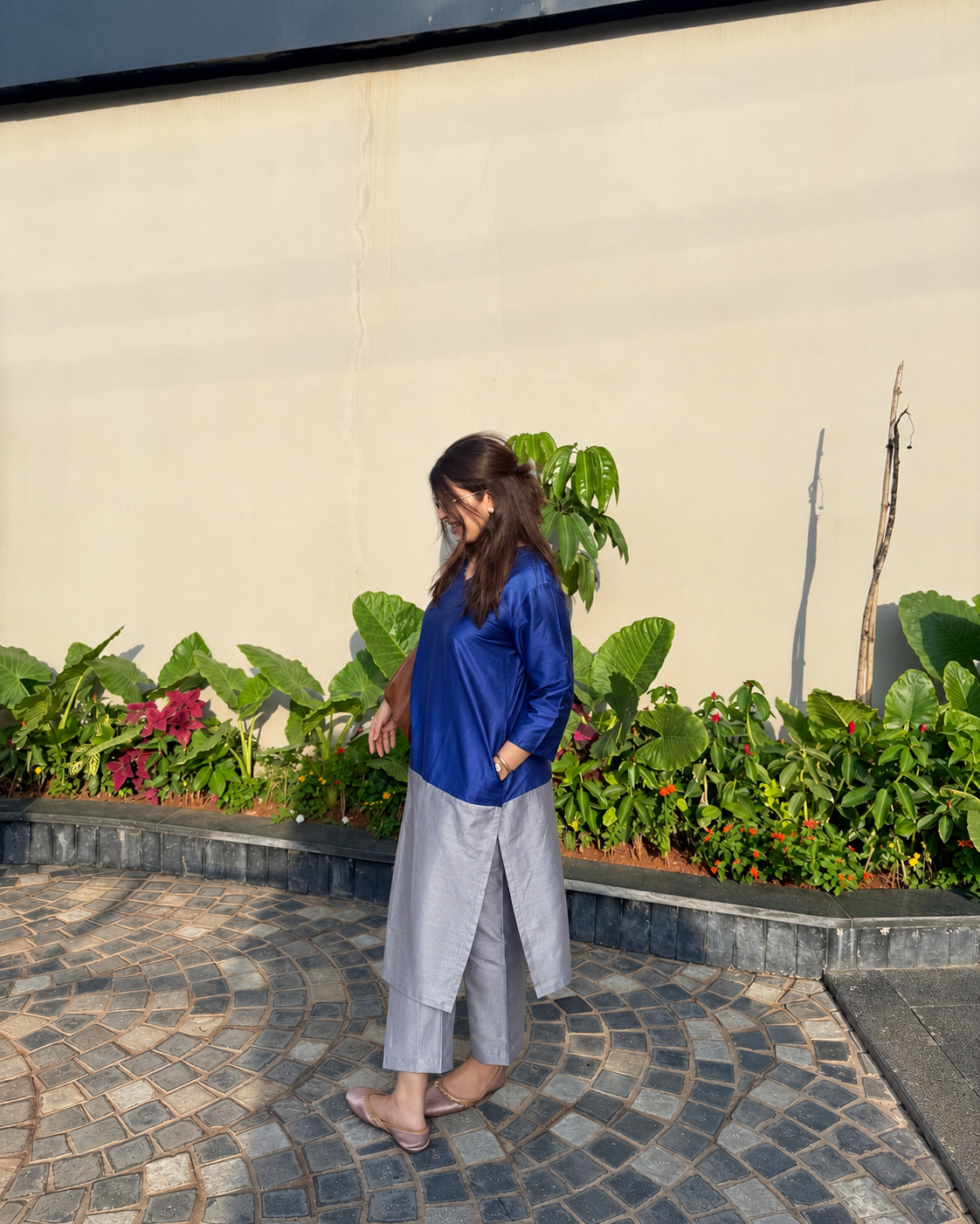 Mehr Royal Blue & Grey Cotton Silk Kurta  Set