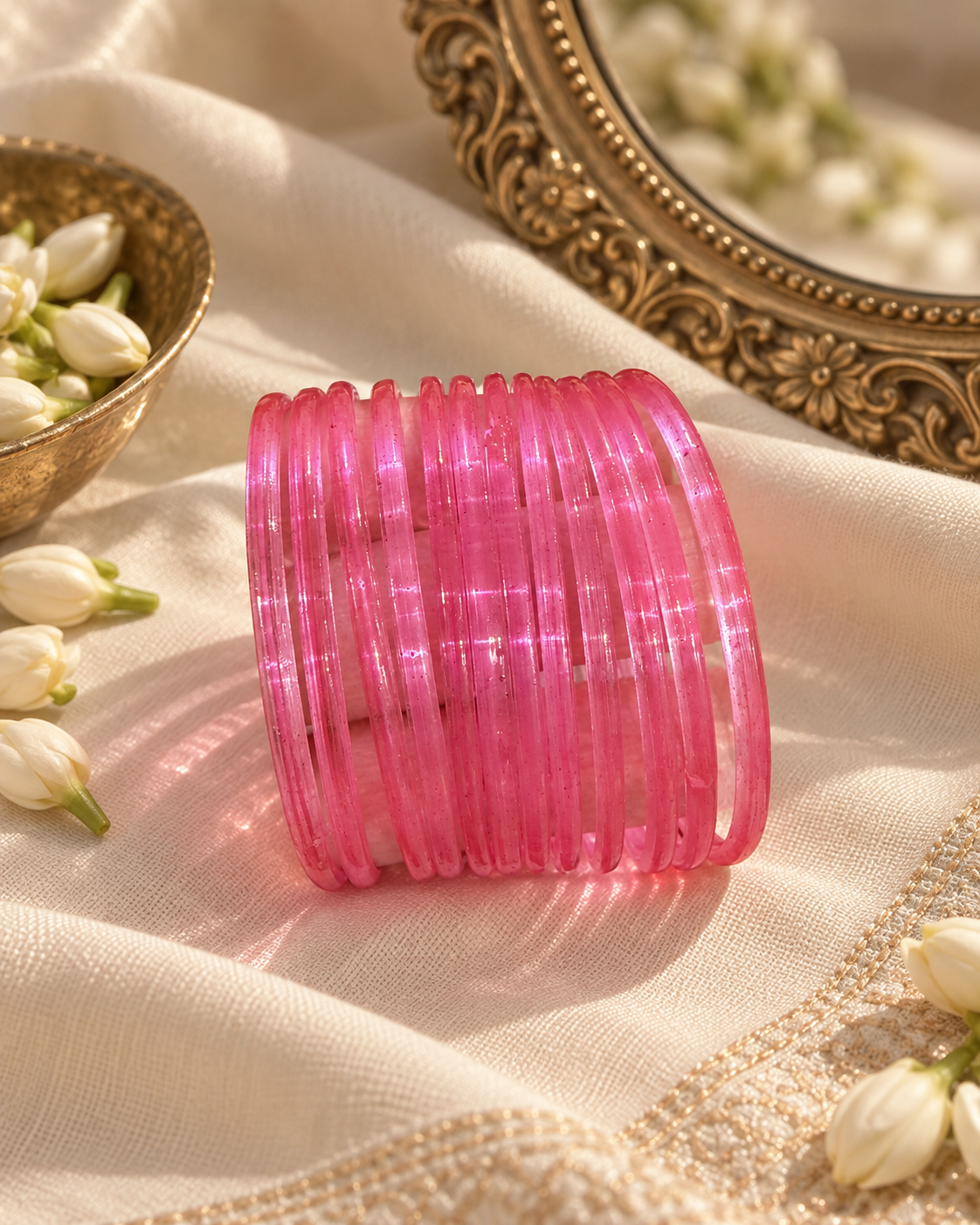 Noori Pink Glass Bangle Set - (12 Bangles)