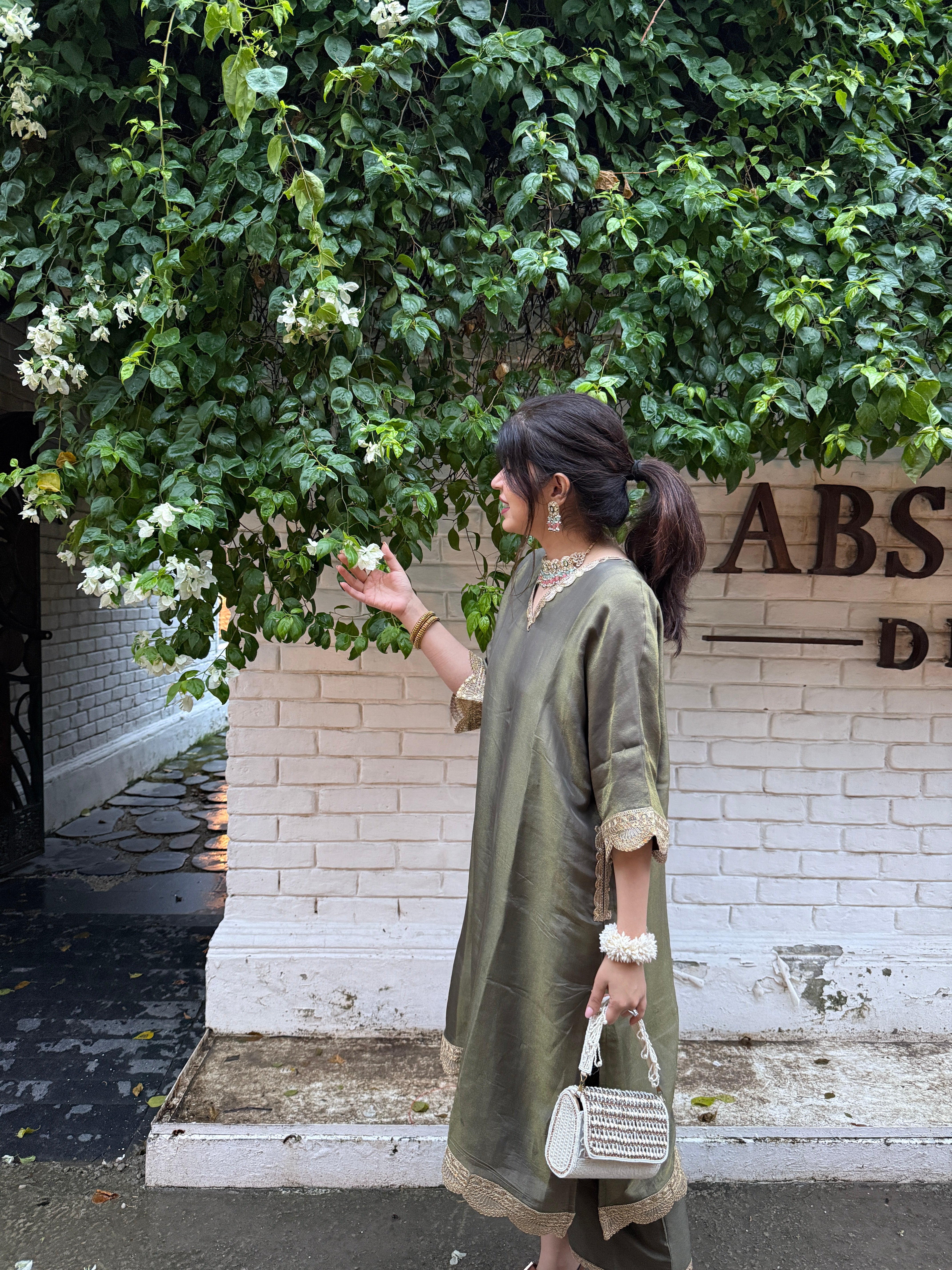 Saba Olive Green Tissue Kaftan Set