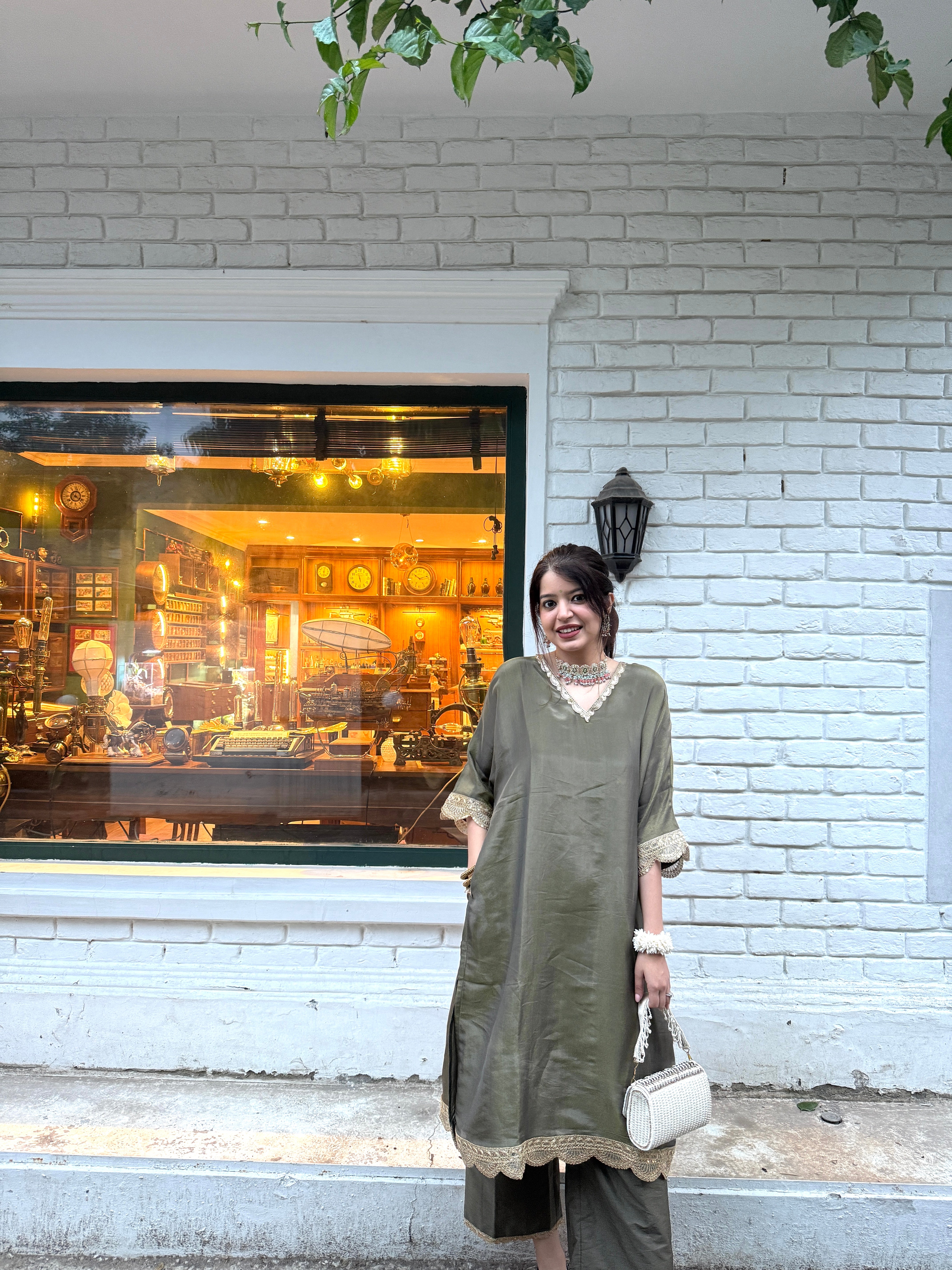 Saba Olive Green Tissue Kaftan Set