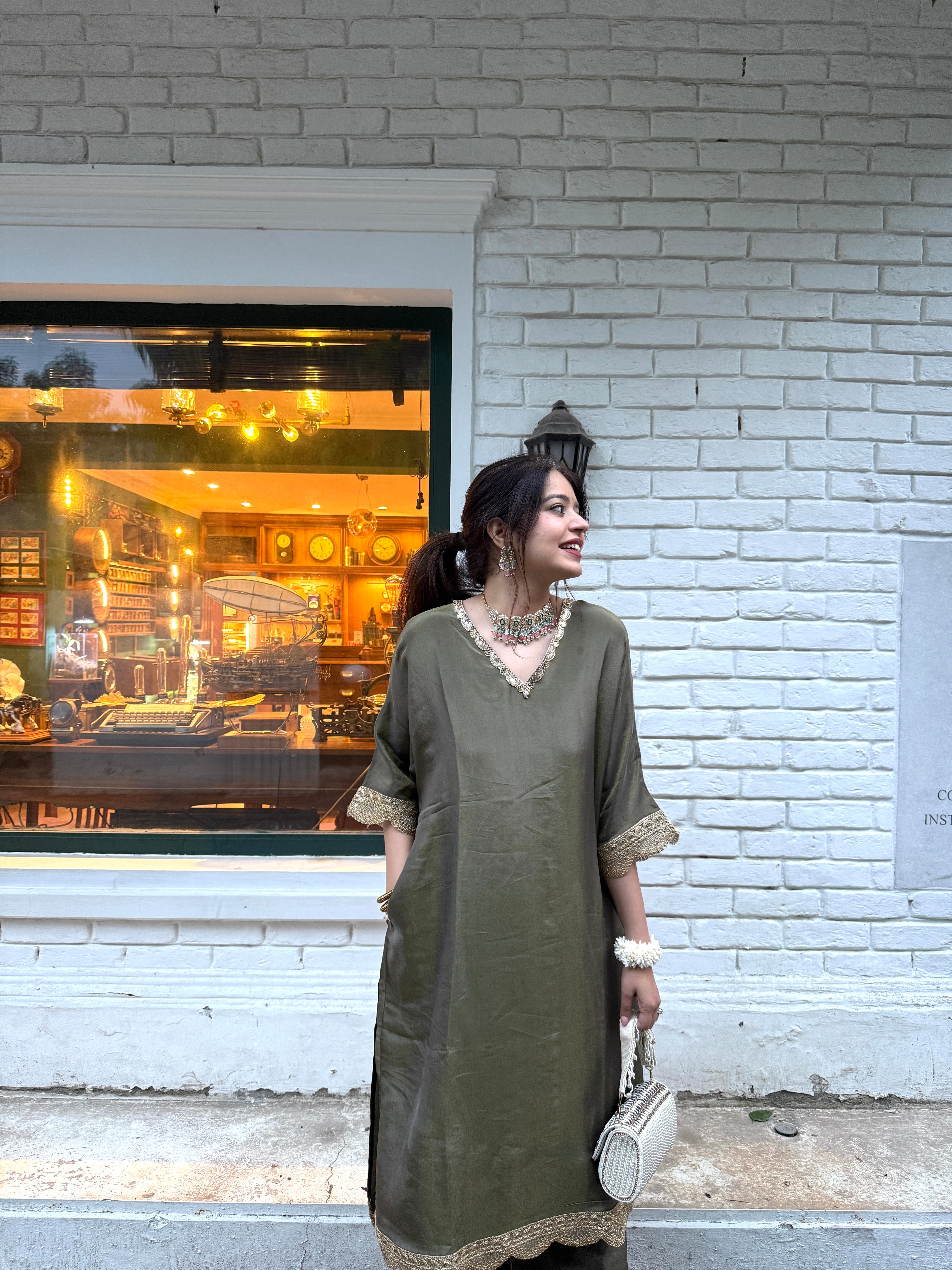 Saba Olive Green Tissue Kaftan Set