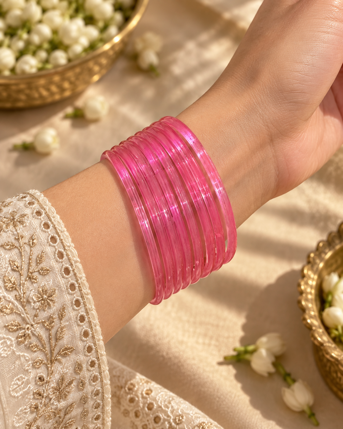 Noori Pink Glass Bangle Set - (12 Bangles)