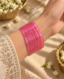 Noori Pink Glass Bangle Set - (12 Bangles)