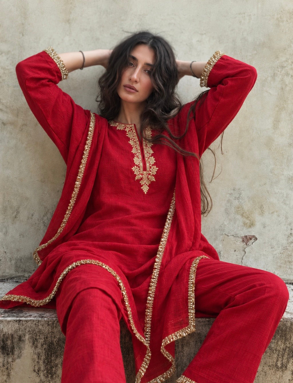 Adaa Red Suit Set with Dupatta