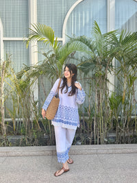 Gulnaar Blue And White Cotton Co-ord Set