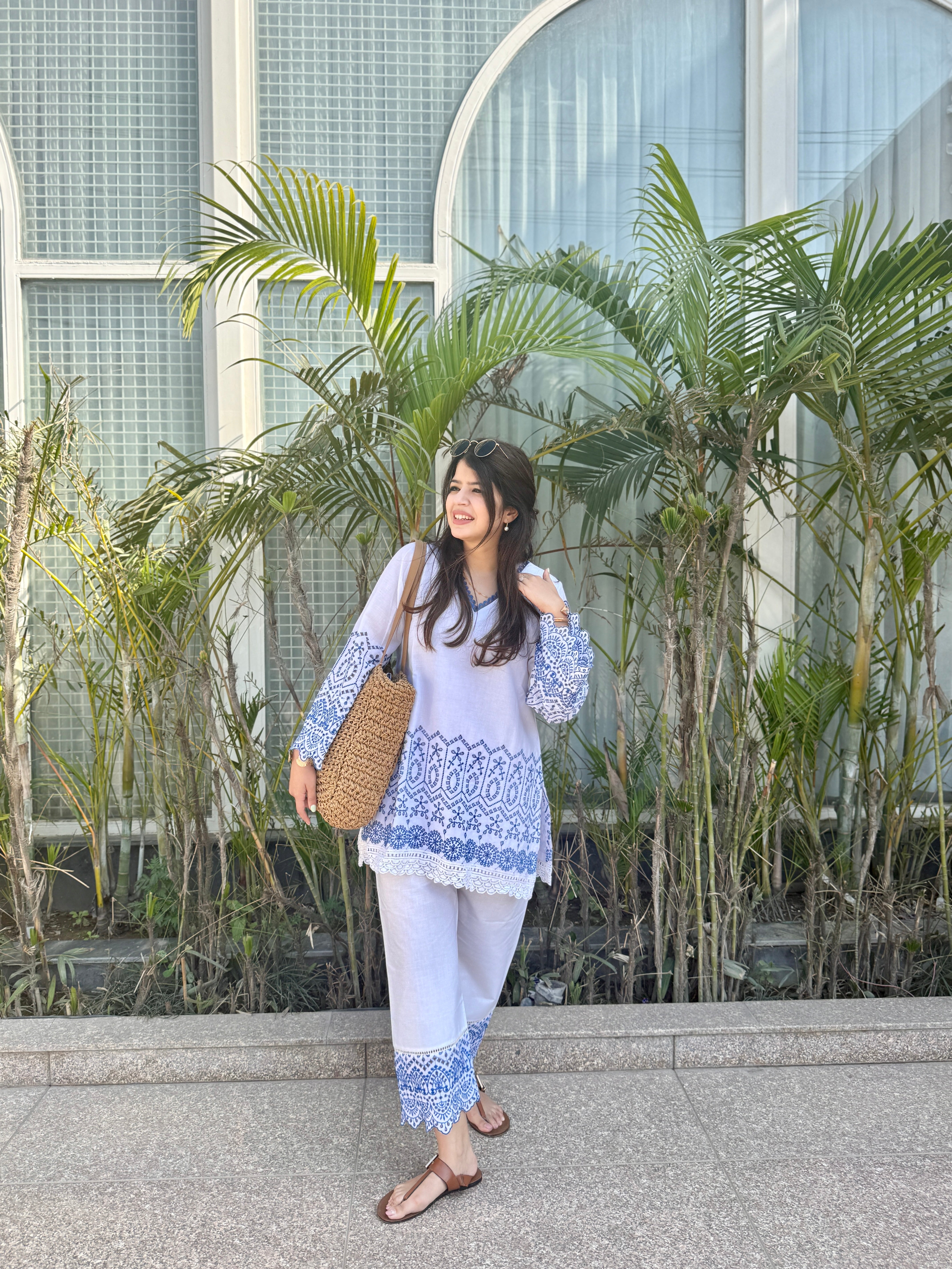 Gulnaar Blue And White Cotton Co-ord Set