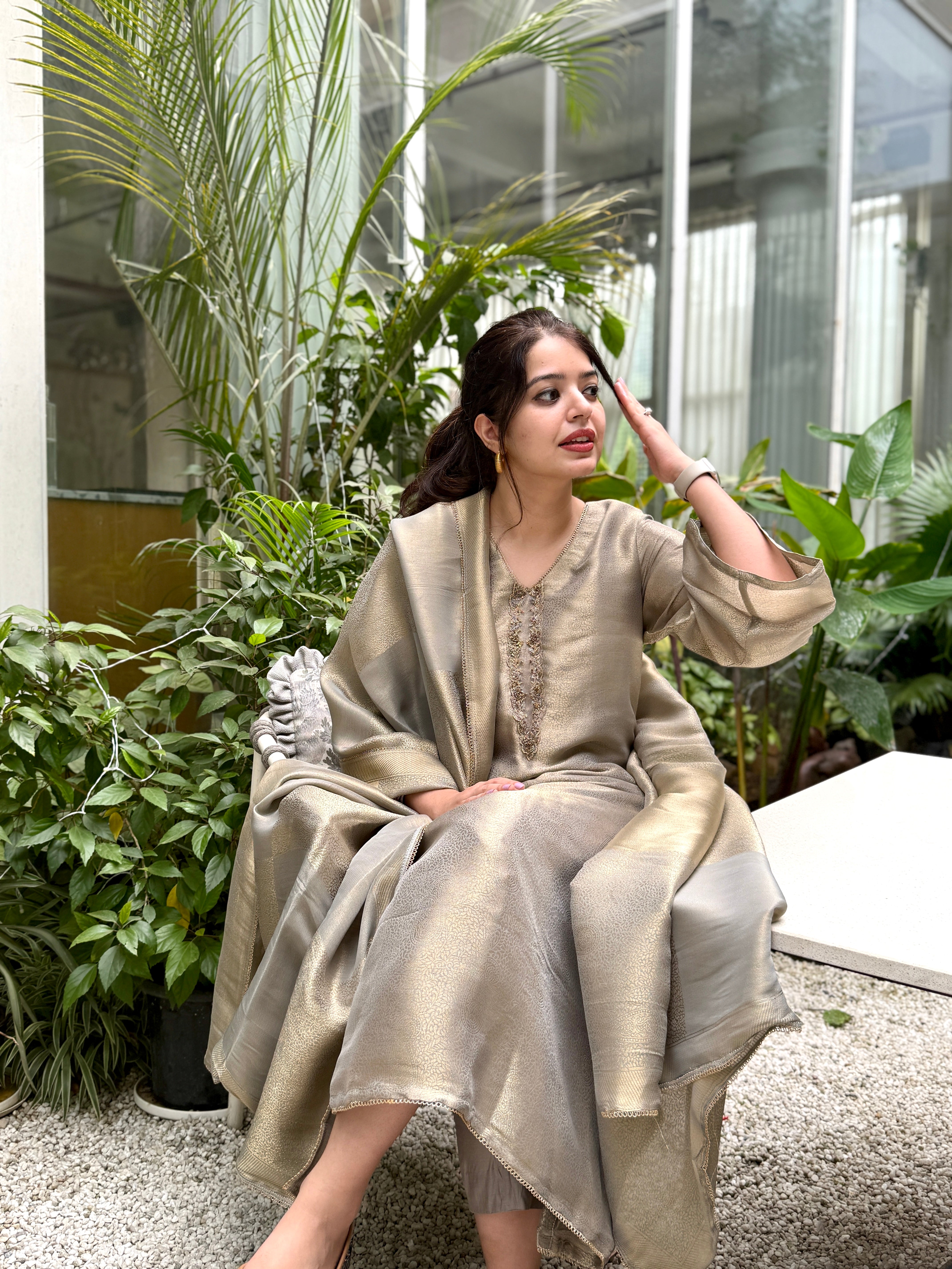 Nargis Grey Tissue Silk Suit Set