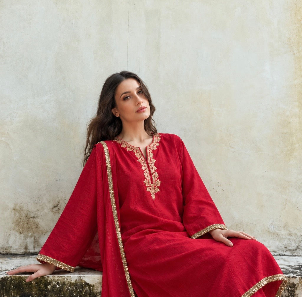 Adaa Red Suit Set with Dupatta
