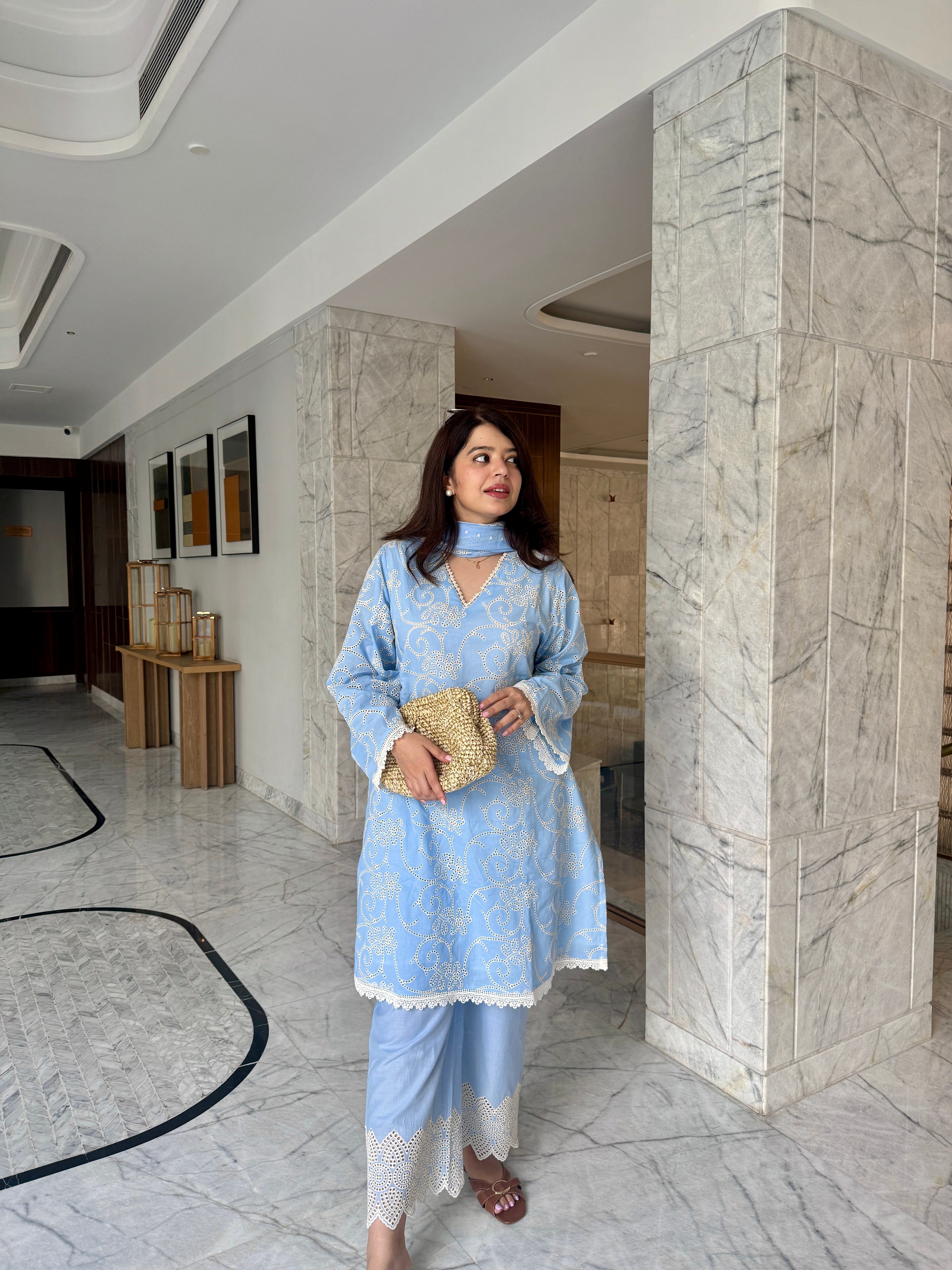 Fiza Blue Cotton Suit Set with dupatta