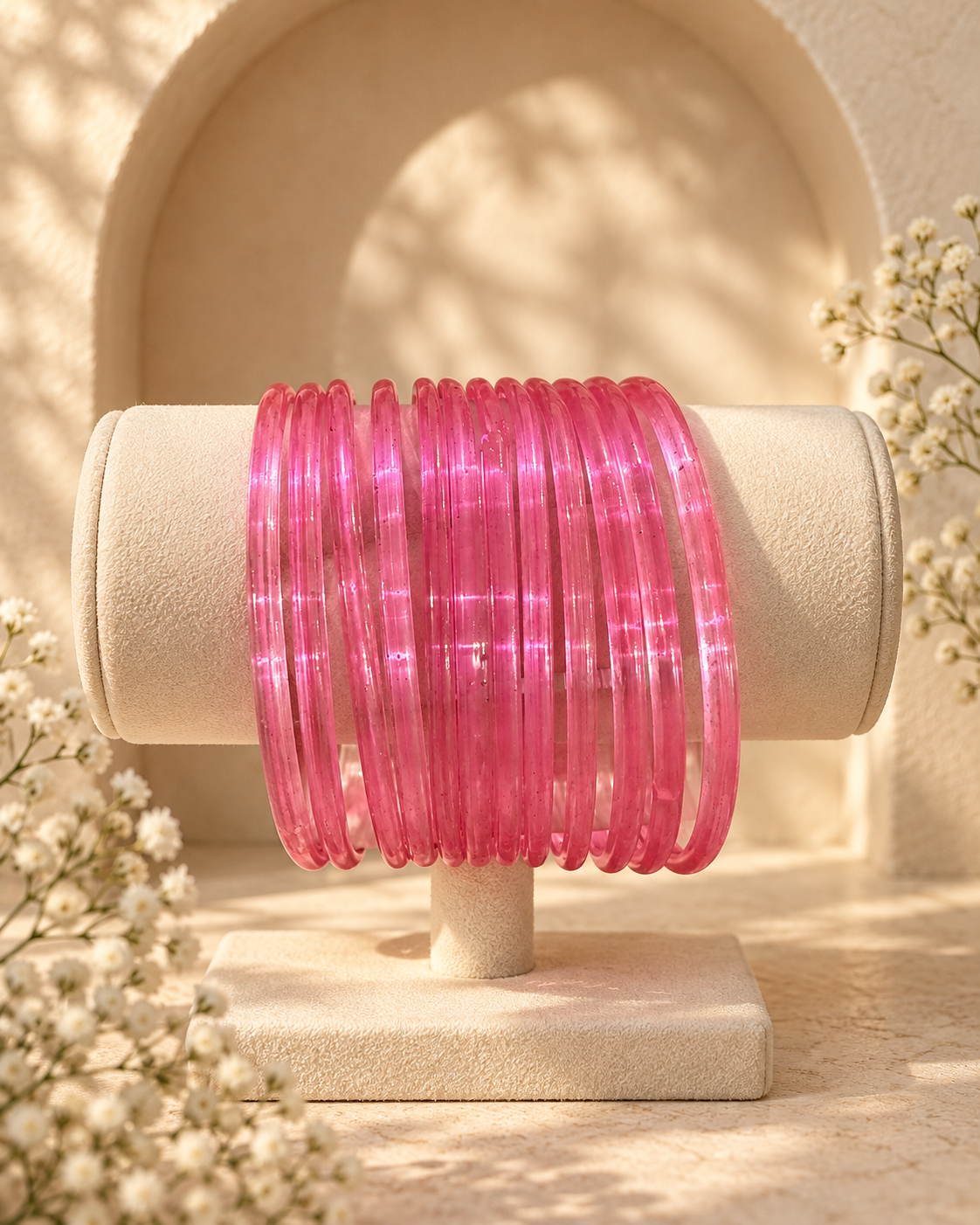 Noori Pink Glass Bangle Set - (12 Bangles)