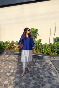 Mehr Royal Blue & Grey Cotton Silk Kurta  Set