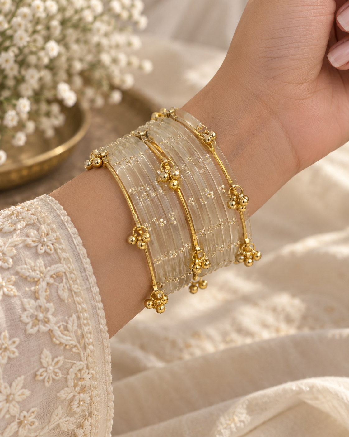 Noori Grey Kashmiri Bangle Set (12 Coloured & 4 Gold Bangles)