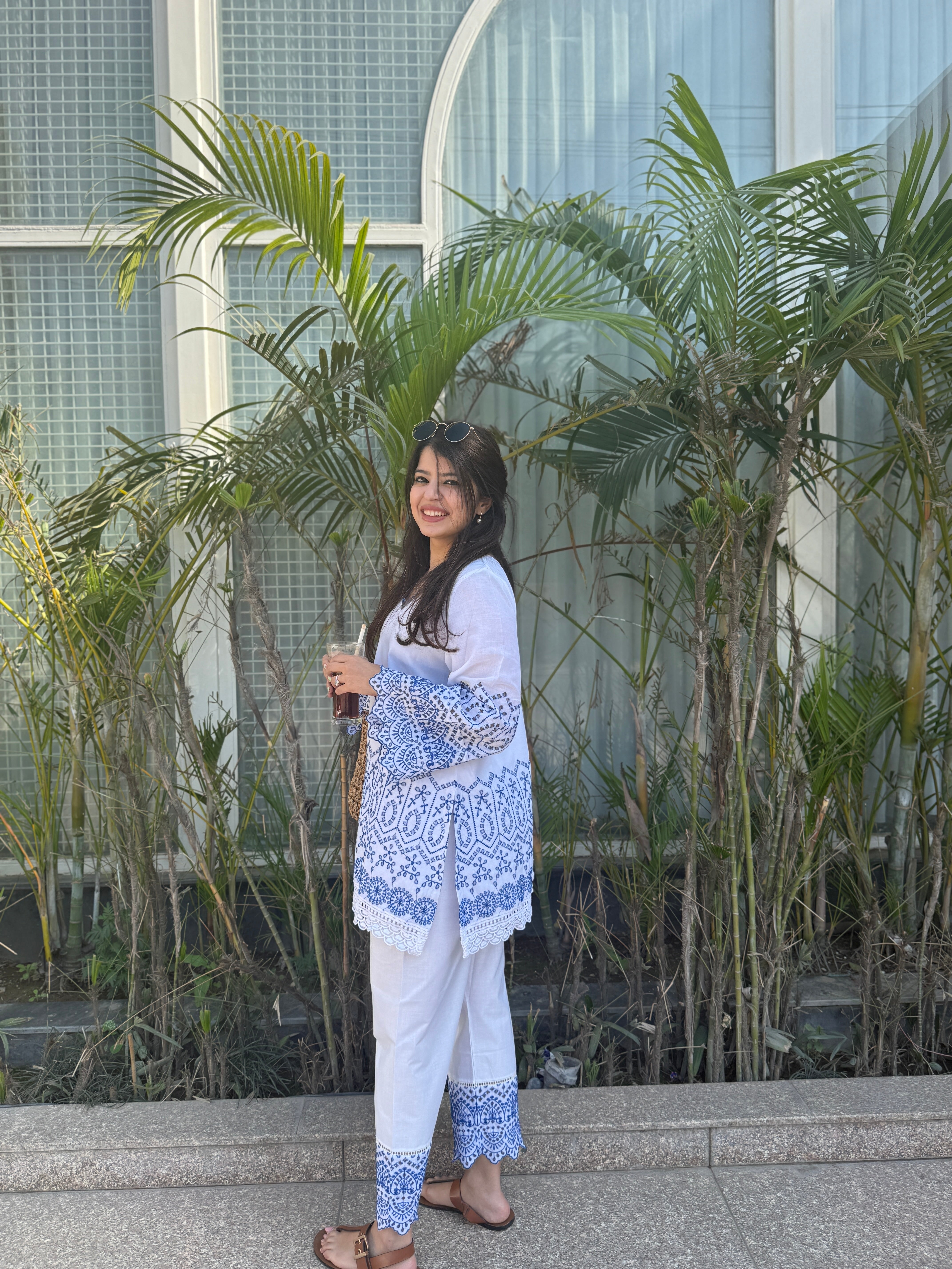 Gulnaar Blue And White Cotton Co-ord Set