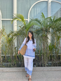 Gulnaar Blue And White Cotton Co-ord Set
