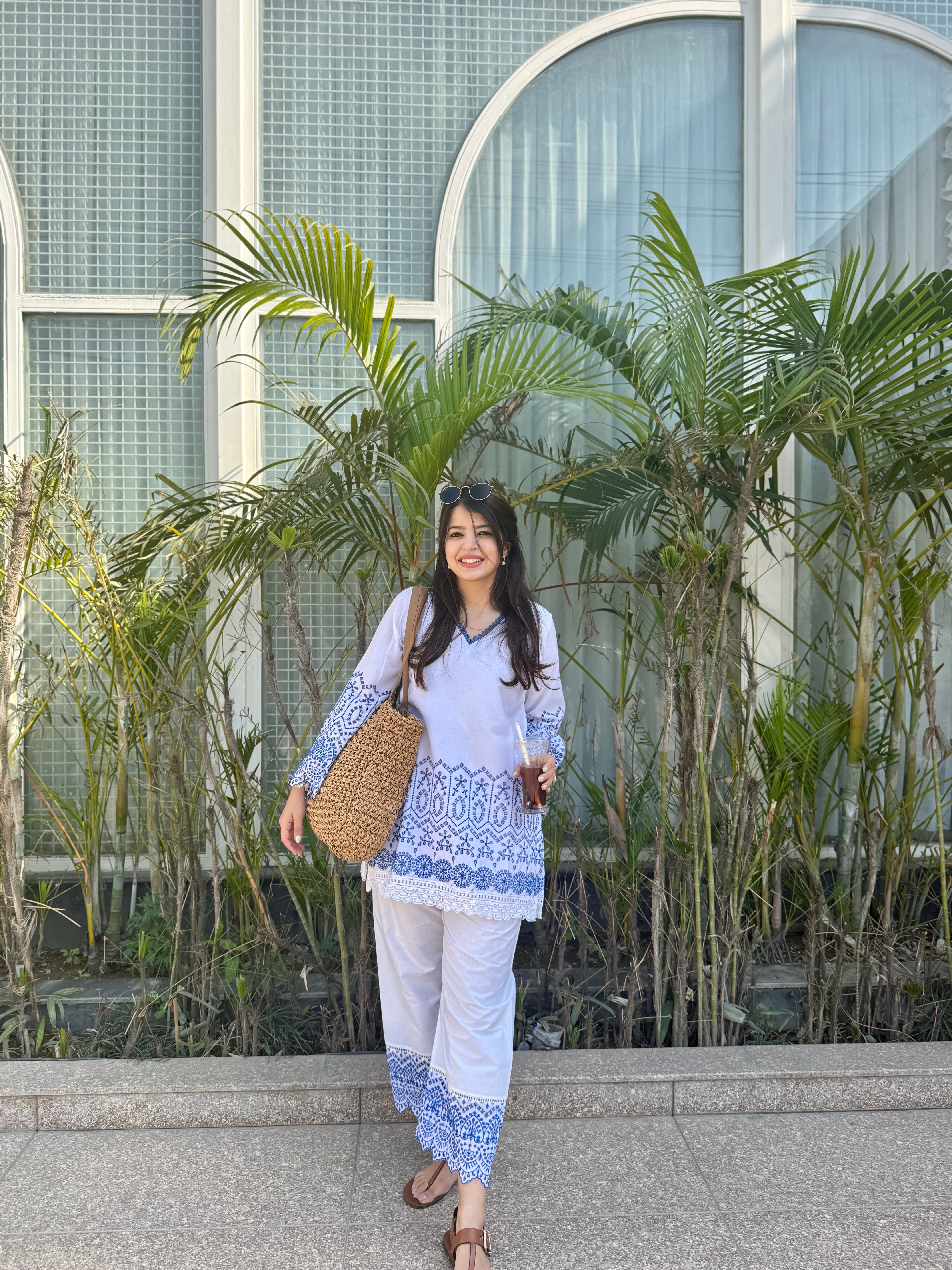 Gulnaar Blue And White Cotton Co-ord Set
