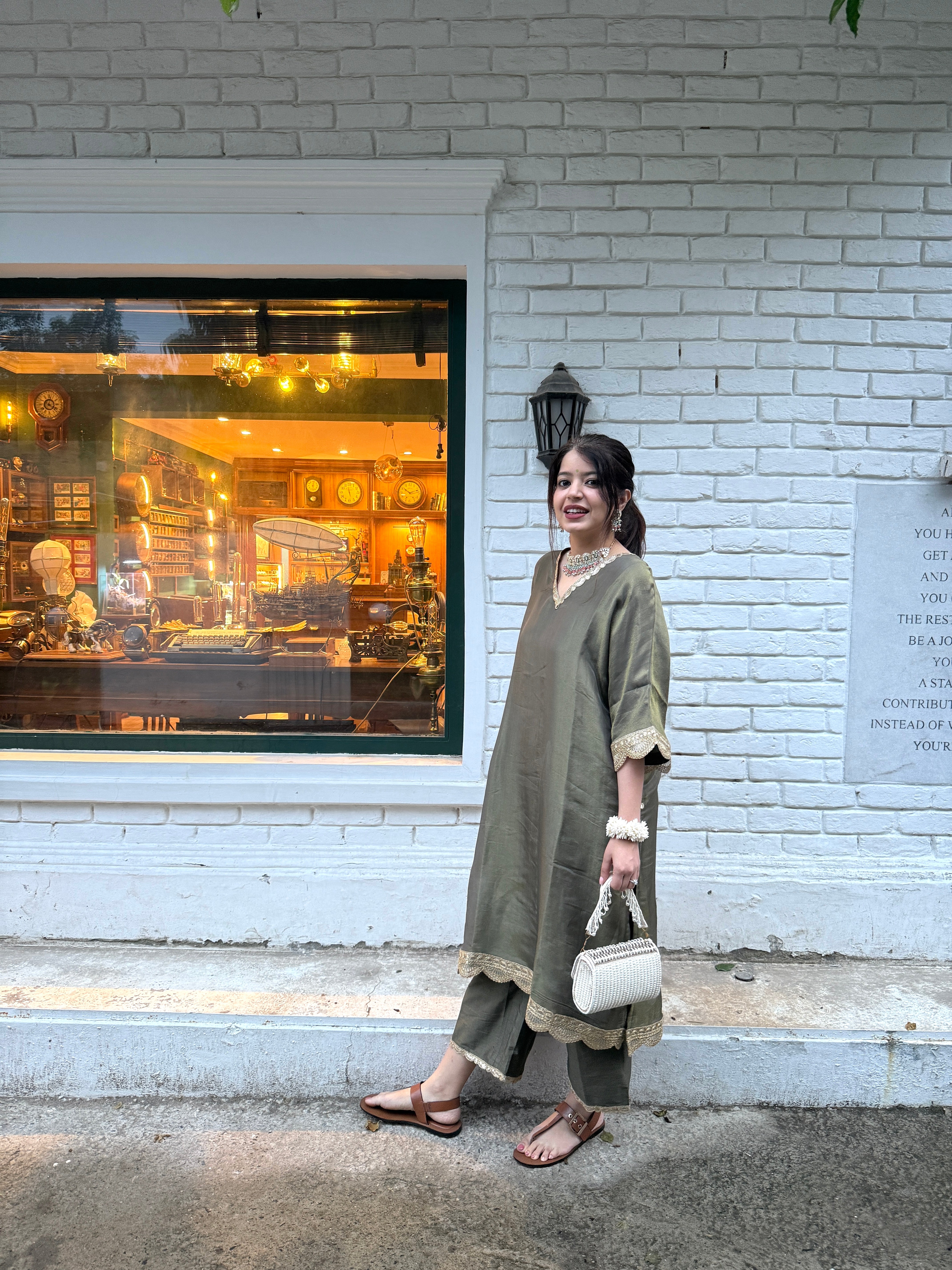 Saba Olive Green Tissue Kaftan Set