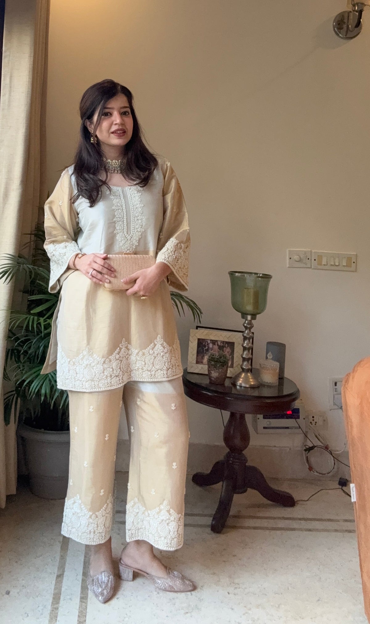 Zoya Champagne Gold Embroidered Coord Set