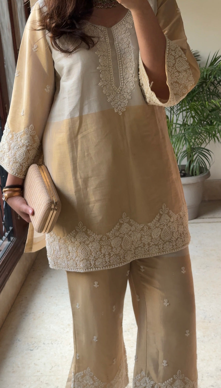 Zoya Champagne Gold Embroidered Coord Set