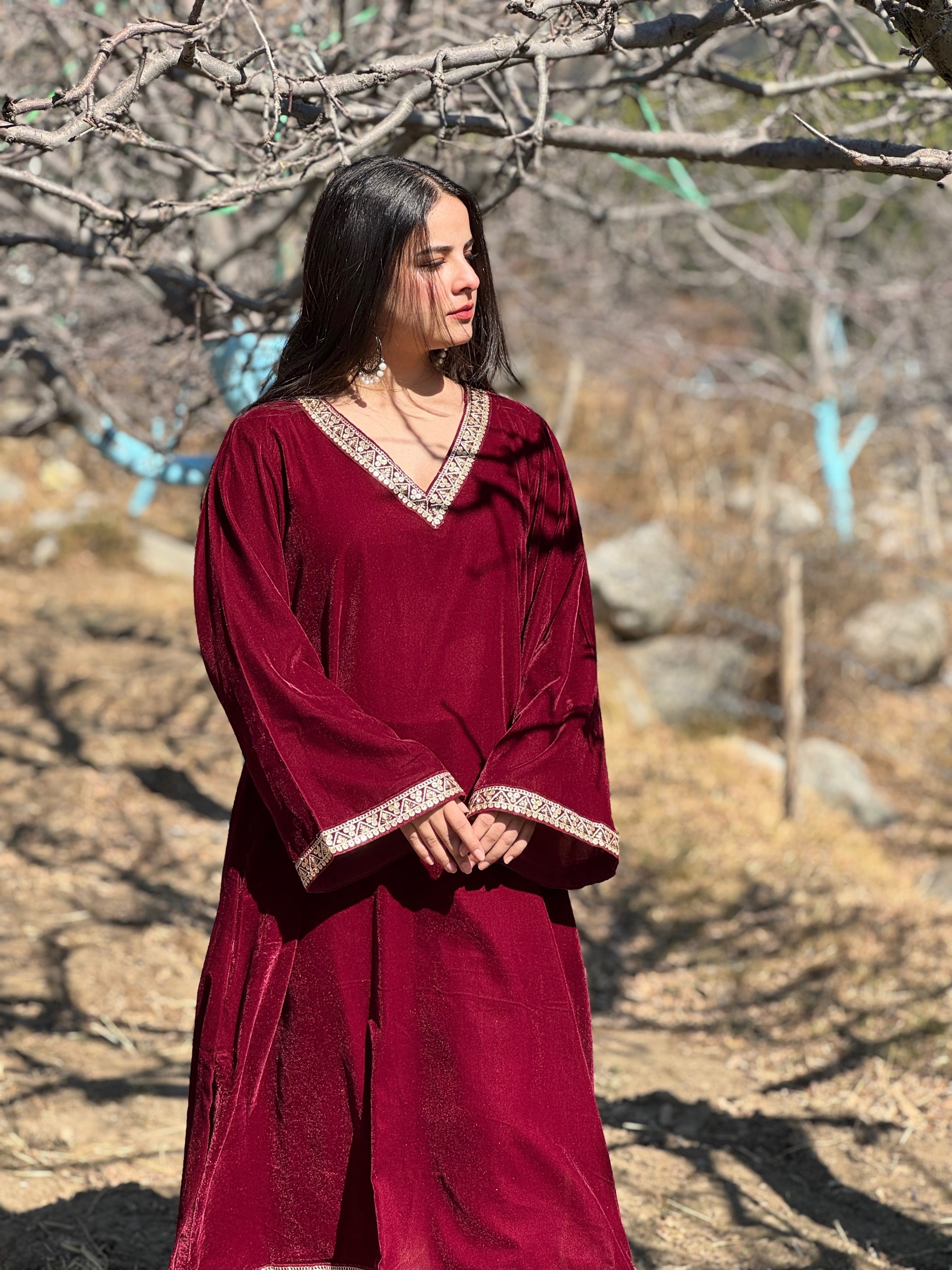 Firdaus Maroon Velvet Set