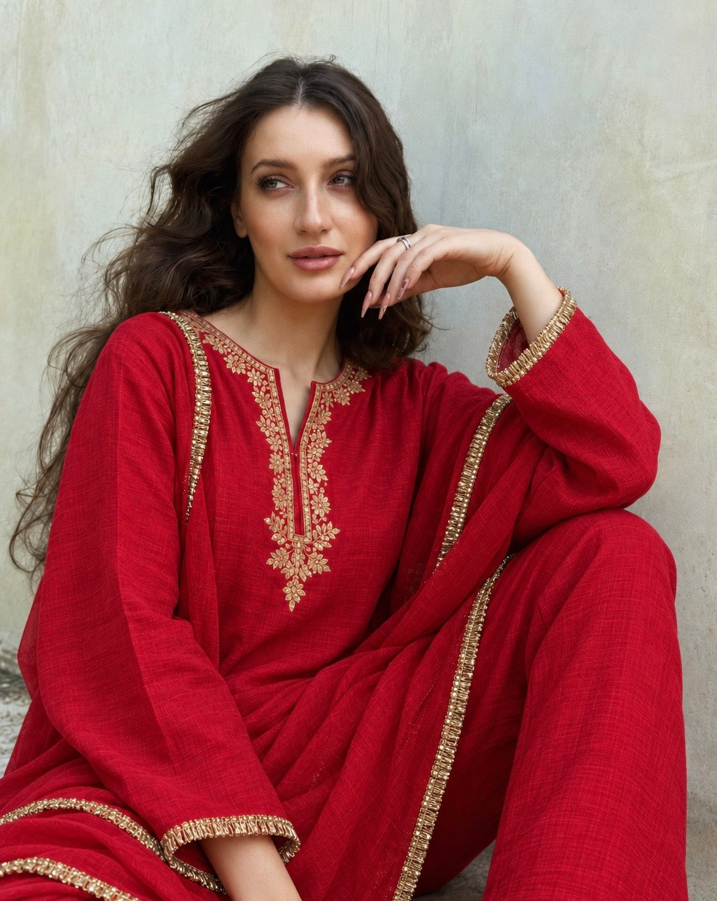 Adaa Red Suit Set with Dupatta