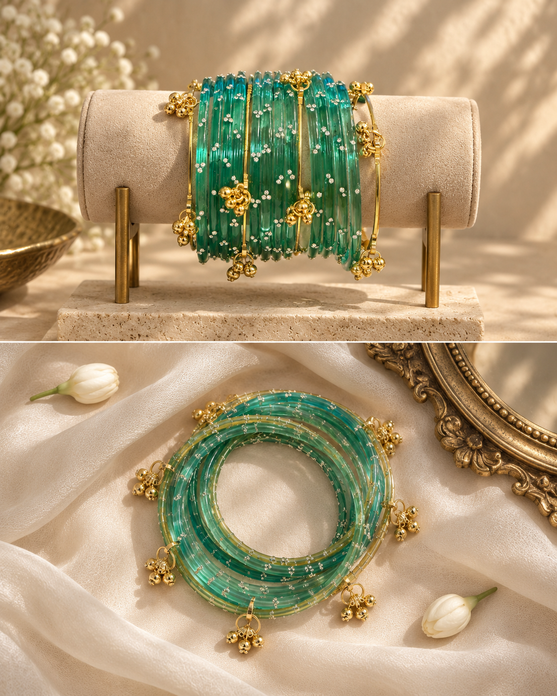 Noori Green Kashmiri Bangle Set (12 Coloured & 4 Gold Bangles)
