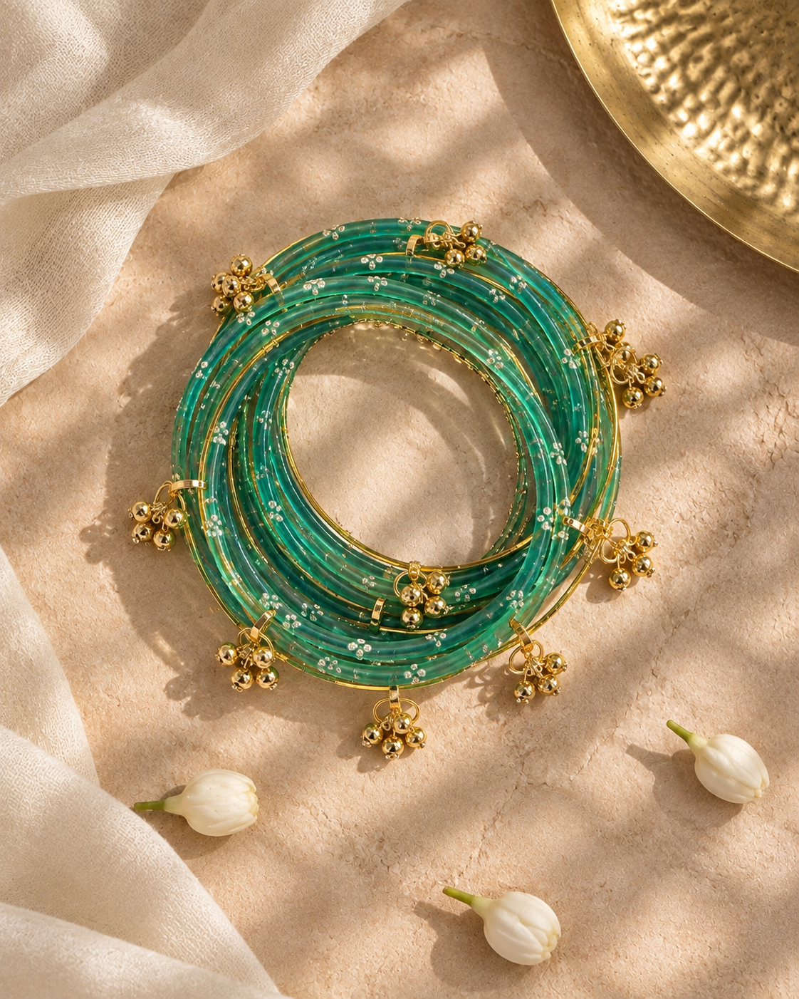 Noori Green Kashmiri Bangle Set (12 Coloured & 4 Gold Bangles)