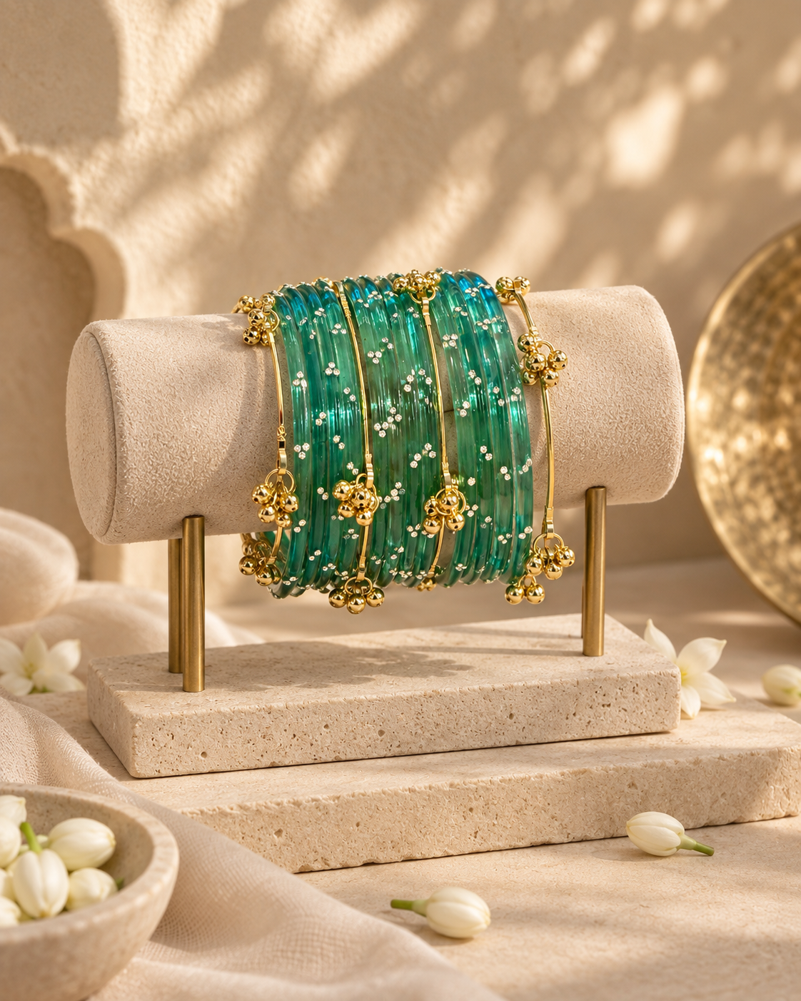 Noori Green Kashmiri Bangle Set (12 Coloured & 4 Gold Bangles)