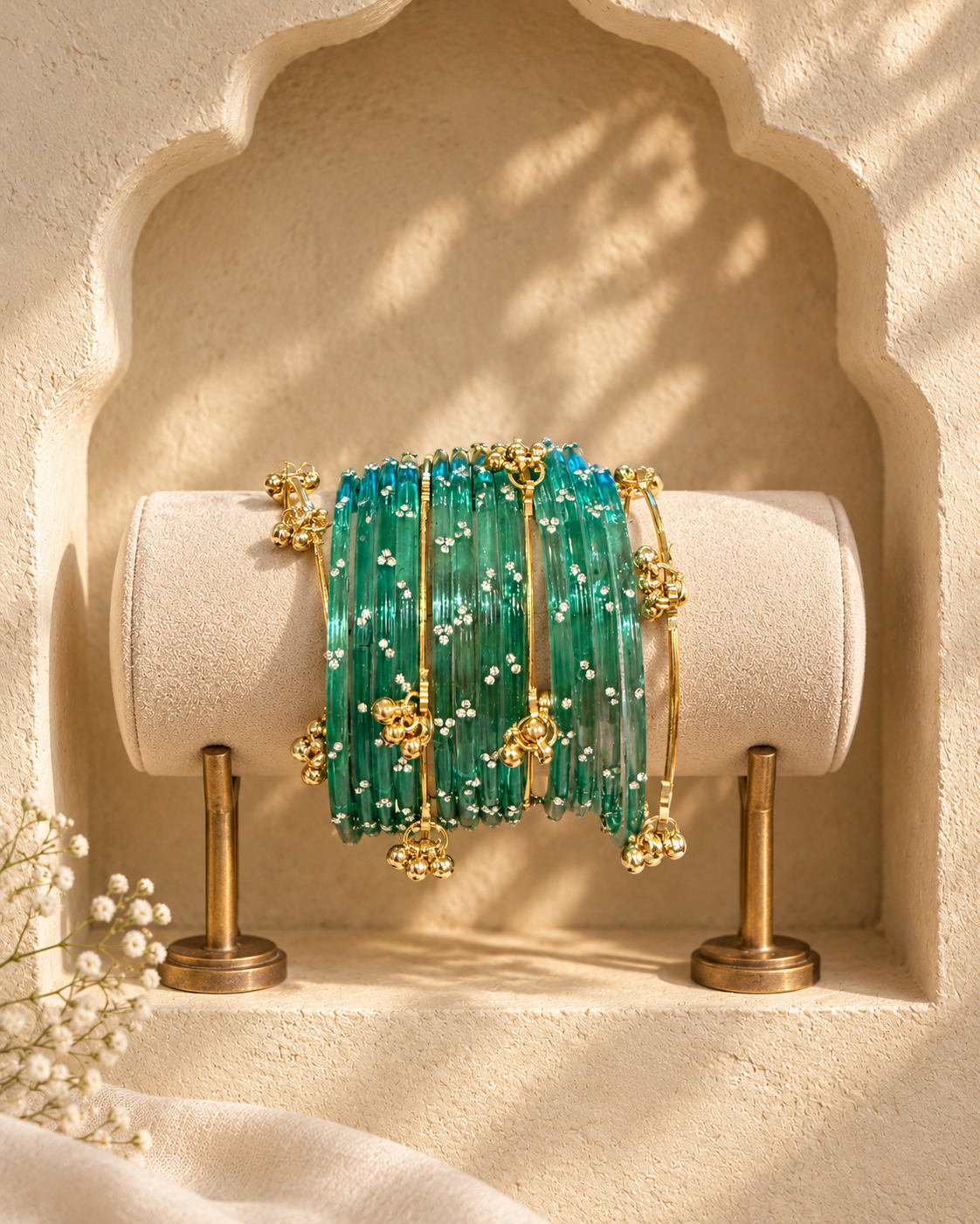 Noori Green Kashmiri Bangle Set (12 Coloured & 4 Gold Bangles)