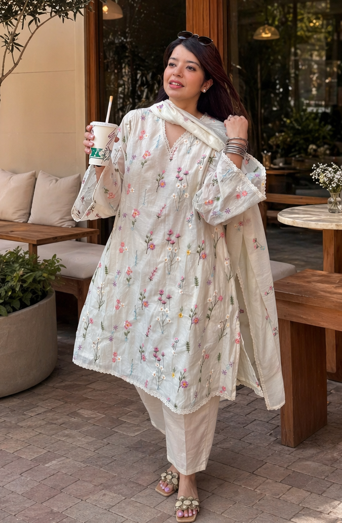 Rida White Floral Embroidered Suit Set