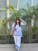 Gulnaar Blue And White Cotton Co-ord Set