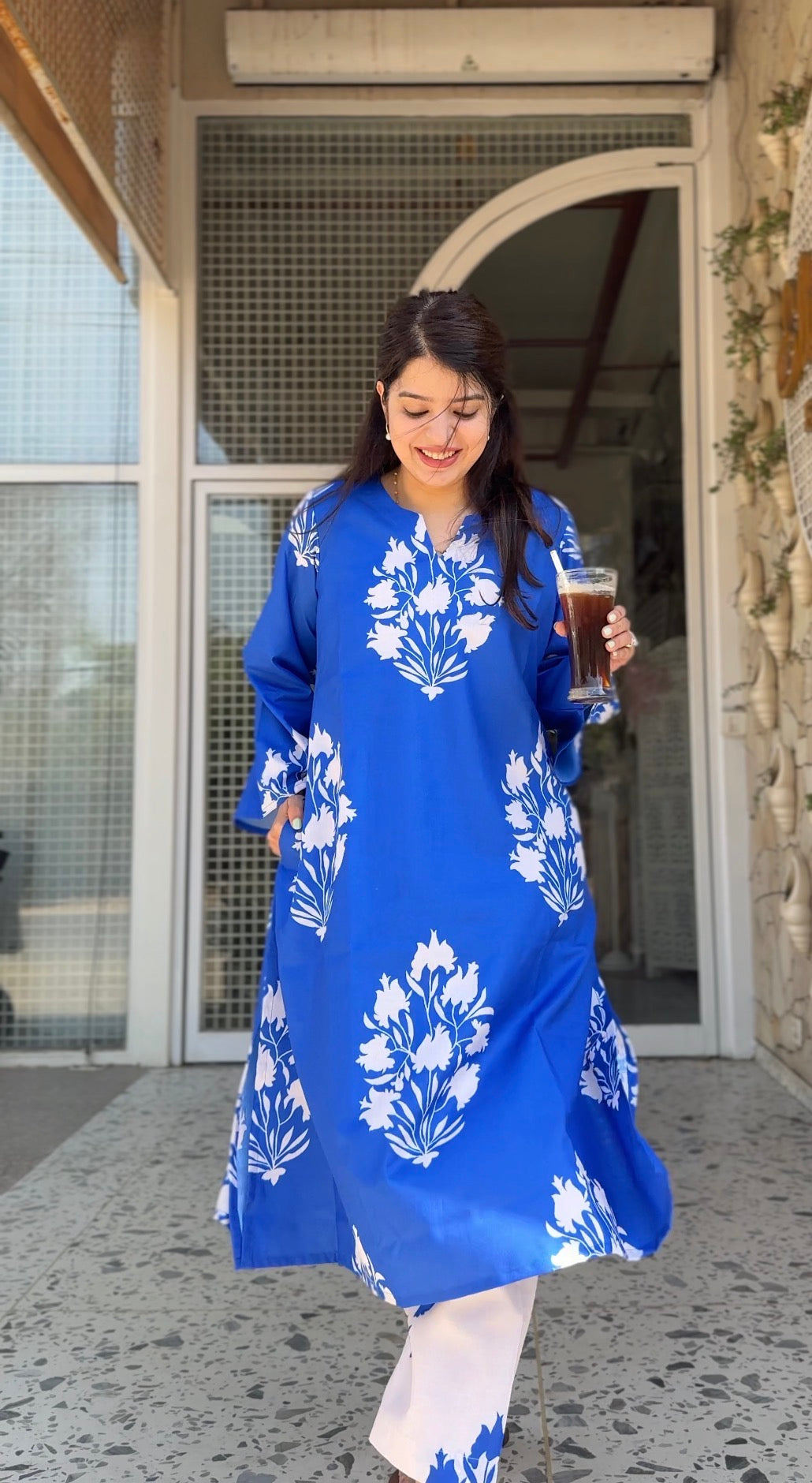 Hania Blue Floral Cotton Kurta Set