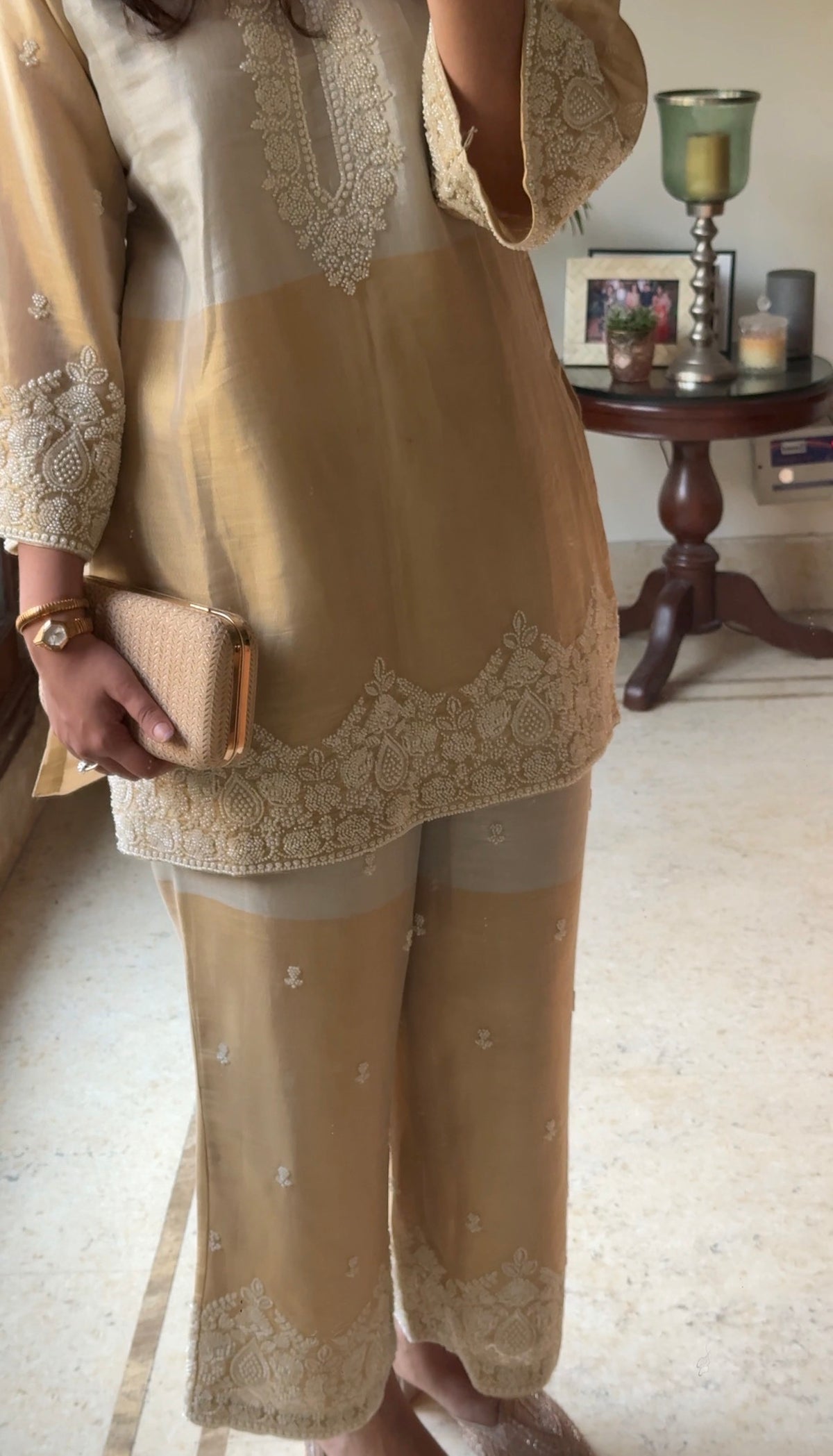 Zoya Champagne Gold Embroidered Coord Set