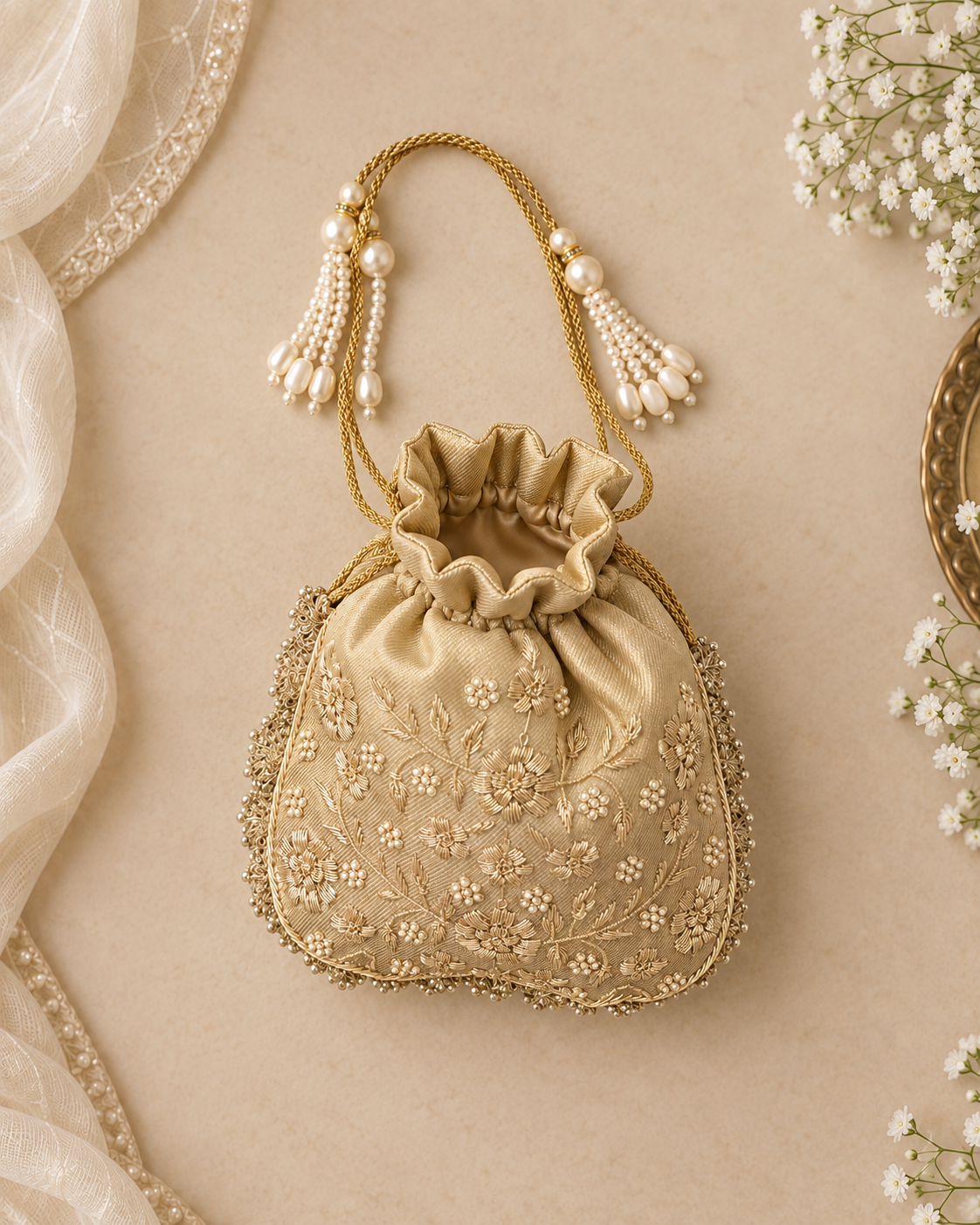 Zareen Champagne Gold Hand Embroidered Potli