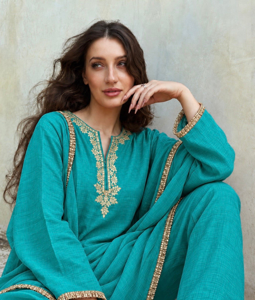 Adaa Turquoise Green Suit Set with Dupatta